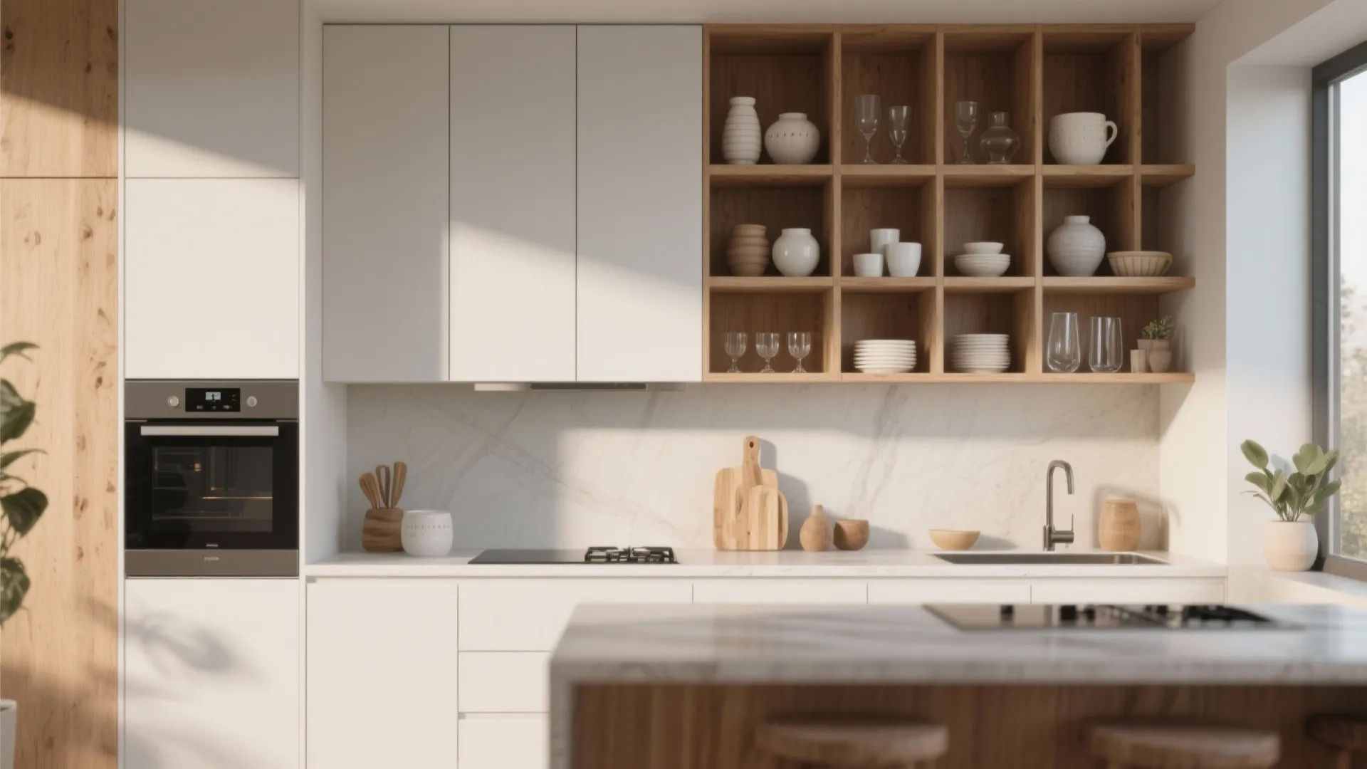 White kitchen design featuring wooden open shelves with plates alongside clean white closed storage cabinets