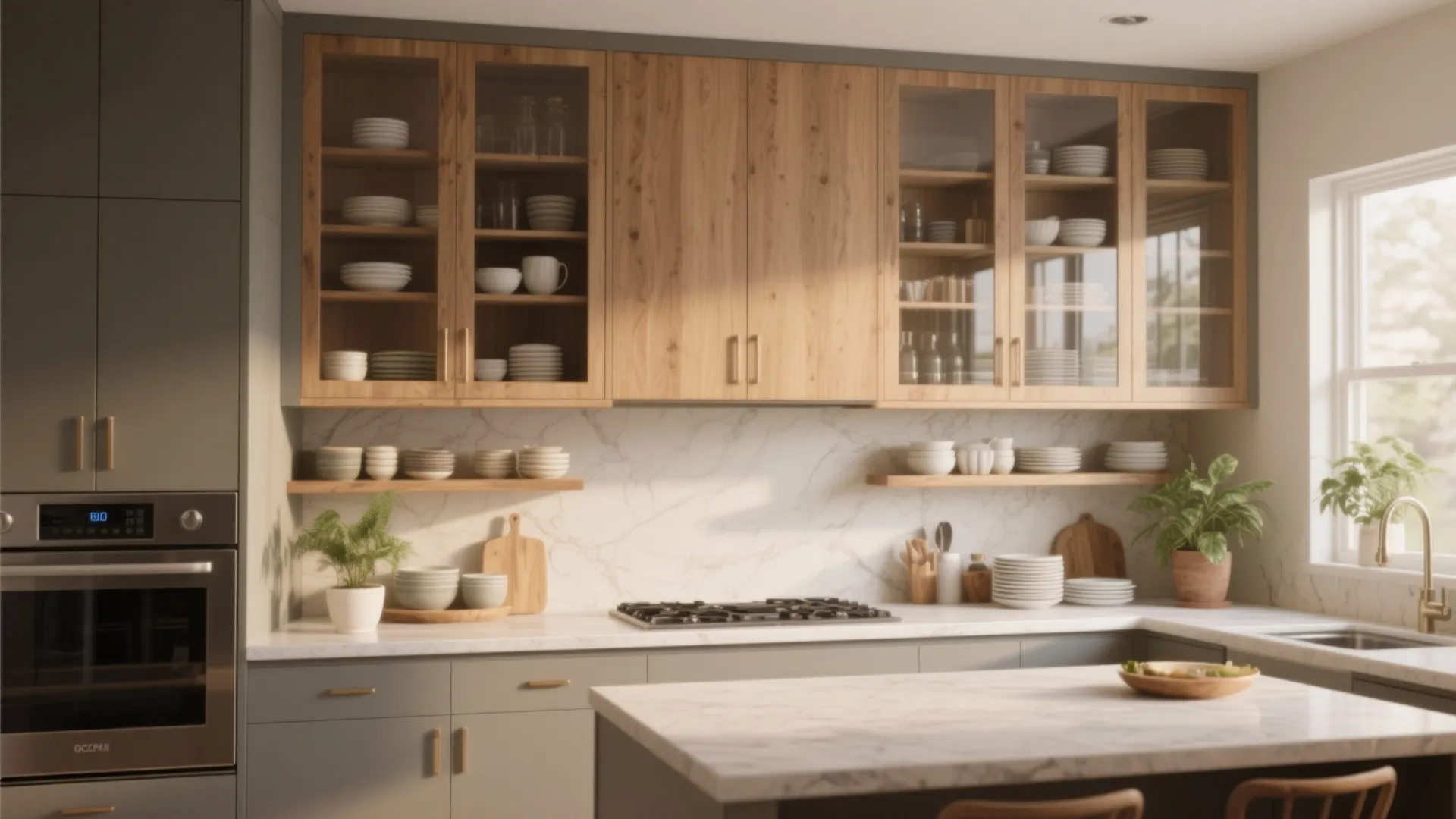 Modern kitchen design with wooden cabinets marble backsplash grey island green plants and natural light