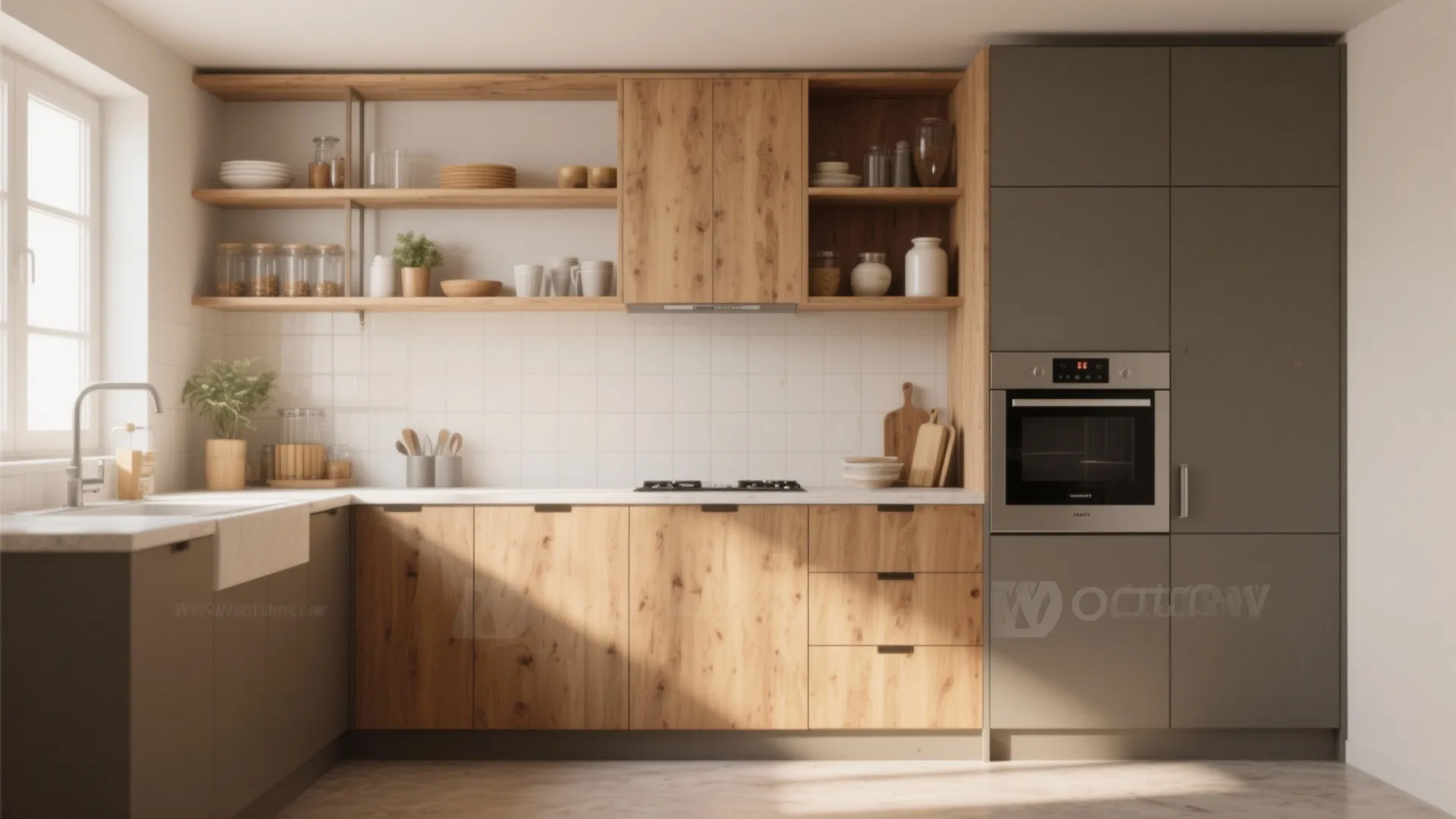 Modern kitchen design with wooden cabinets grey pantry storage open shelving and built in oven