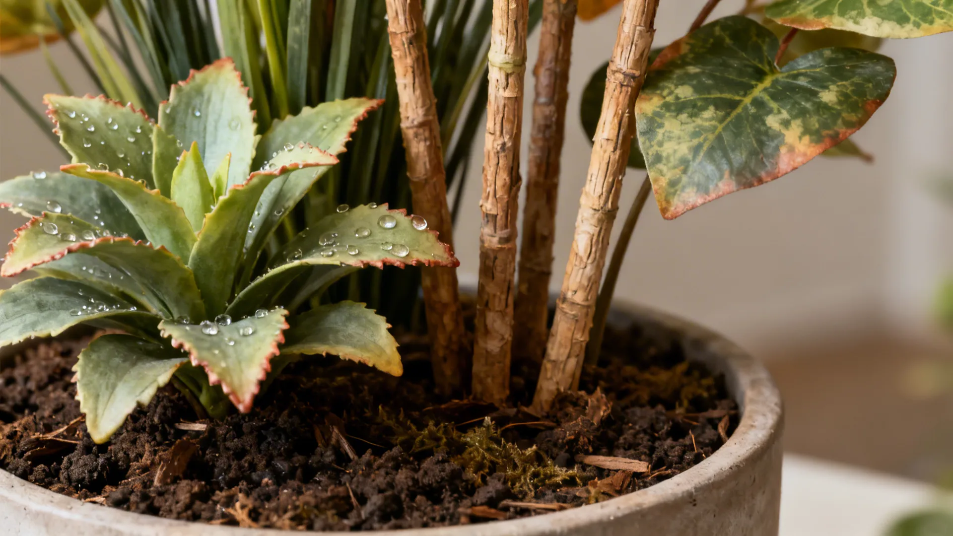 Planter grouping mixing a live plant with artificial stems for authentic texture.