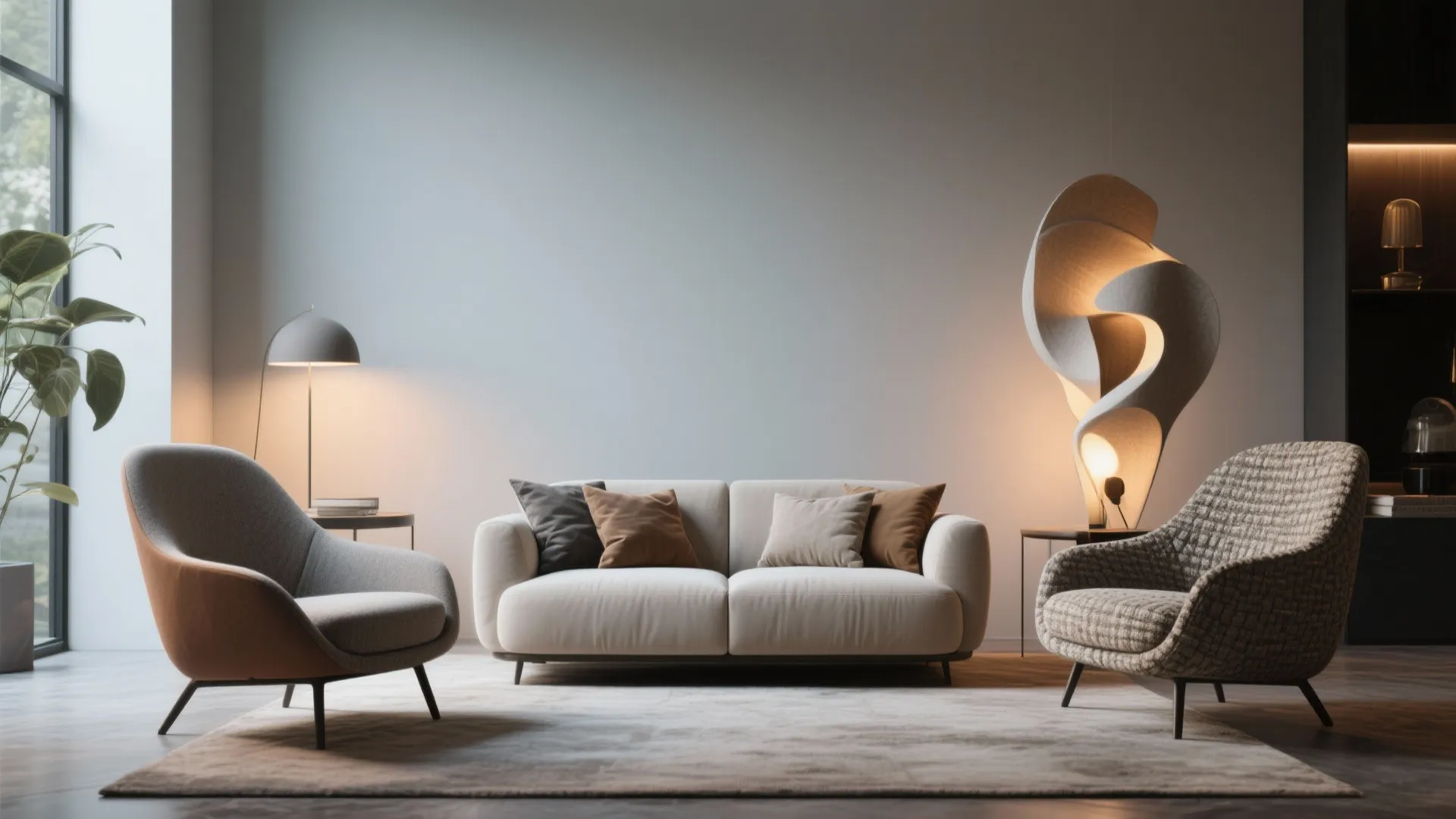 Modern living room showing sofa two different armchairs patterned rug and unique shaped floor lamp