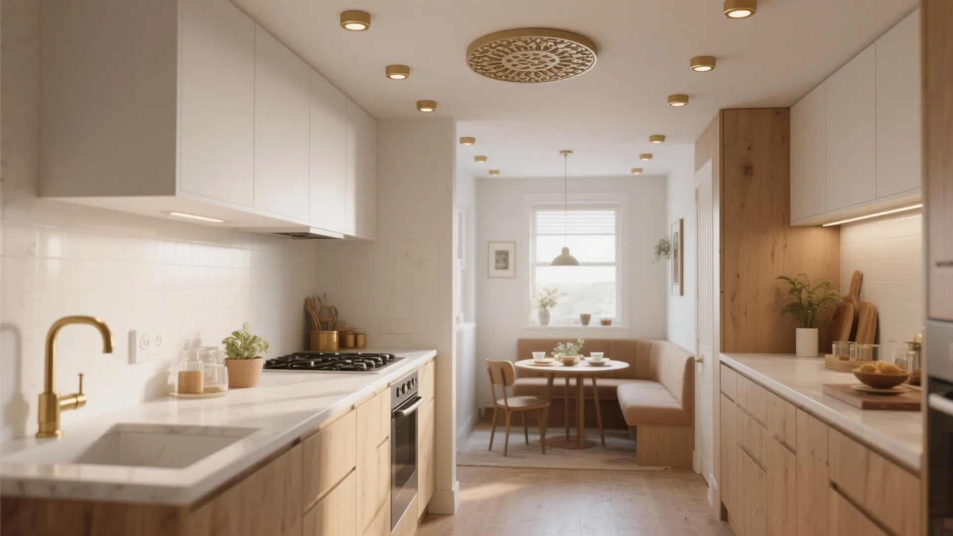 Modern kitchen with wood cabinets white countertops and many small ceiling lights over dining area
