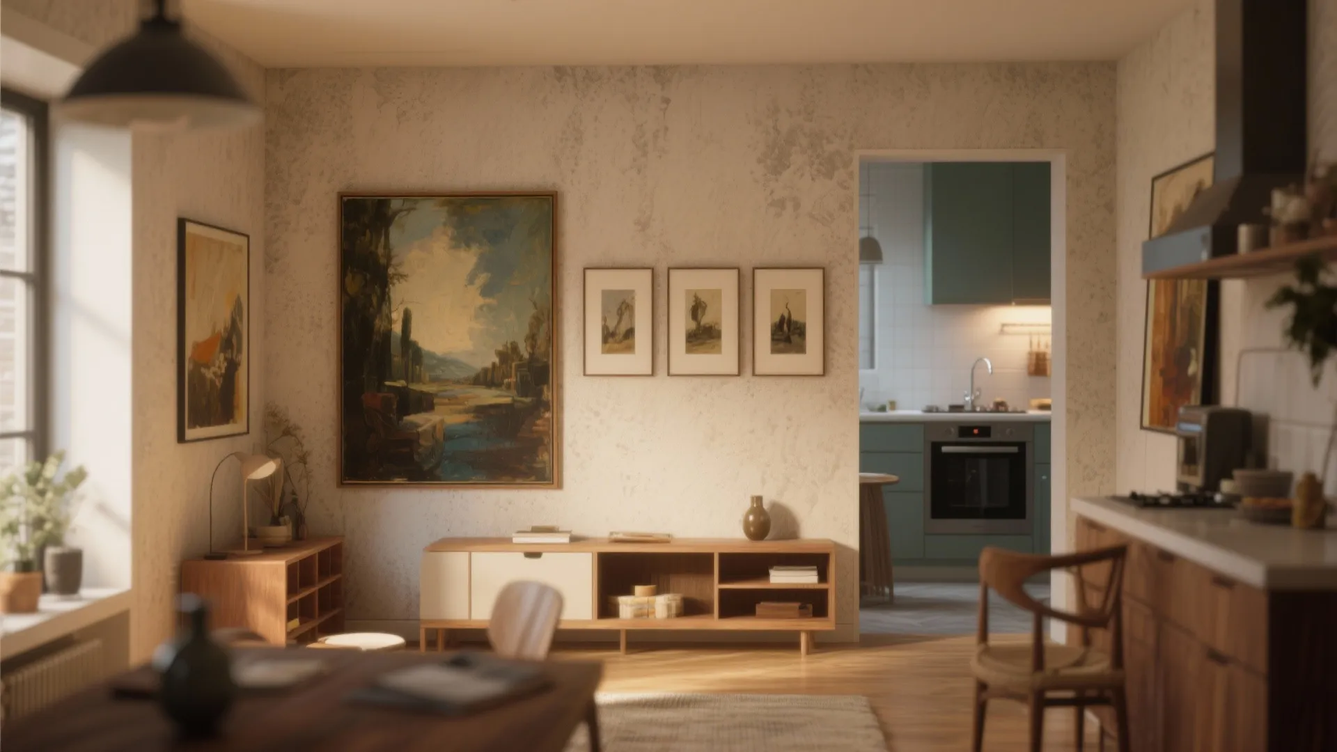 Open-plan small room with a large canvas balanced by a trio of small studies on the opposite wall, creating layered depth.