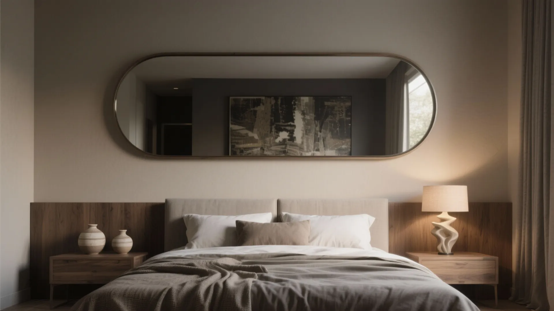 Minimalist bedroom with large oval wall mirror beige bedding wood wall panel and light fixture