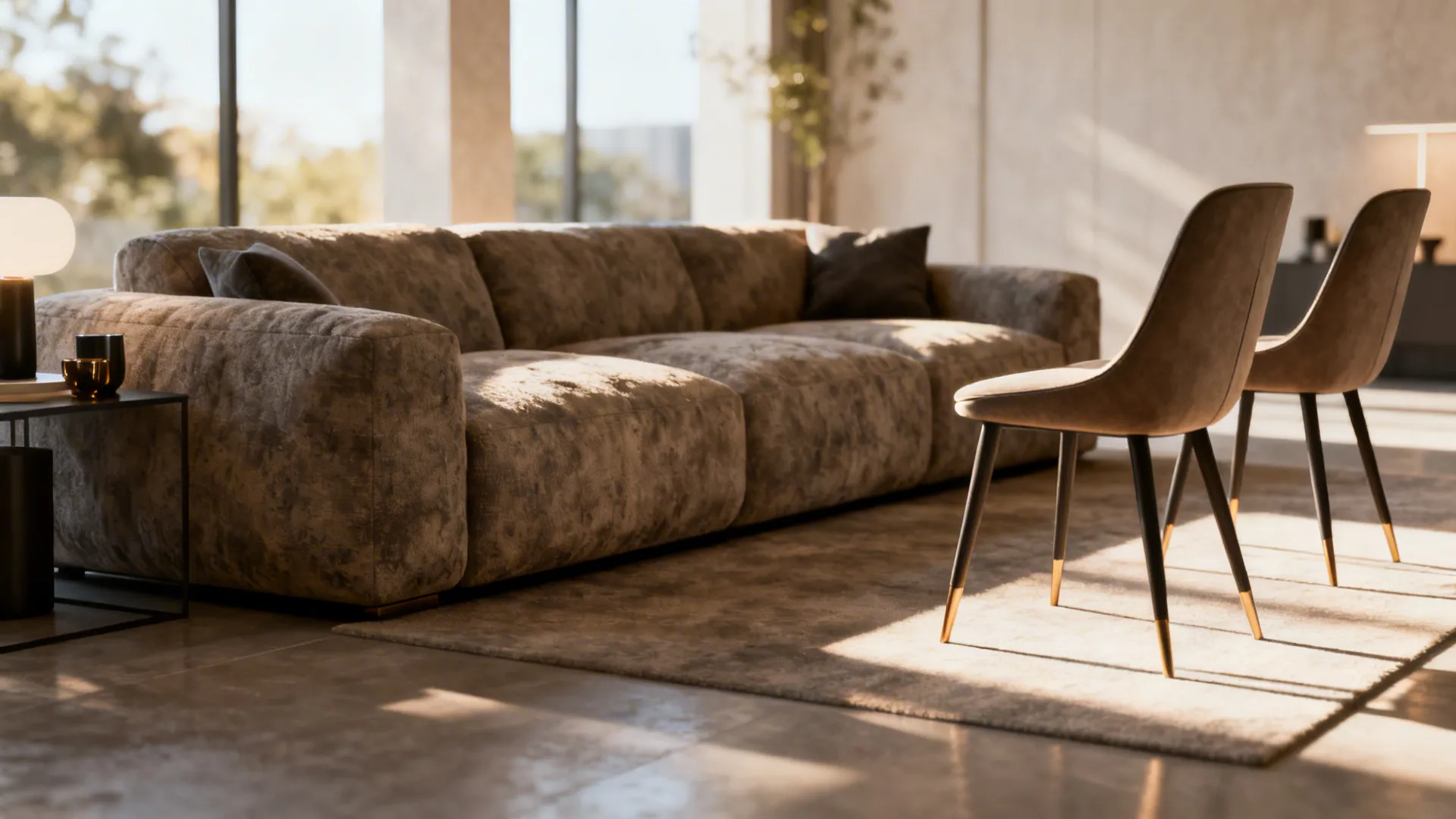 Large sectional balanced with slim accent chairs featuring exposed legs for visual lightness.