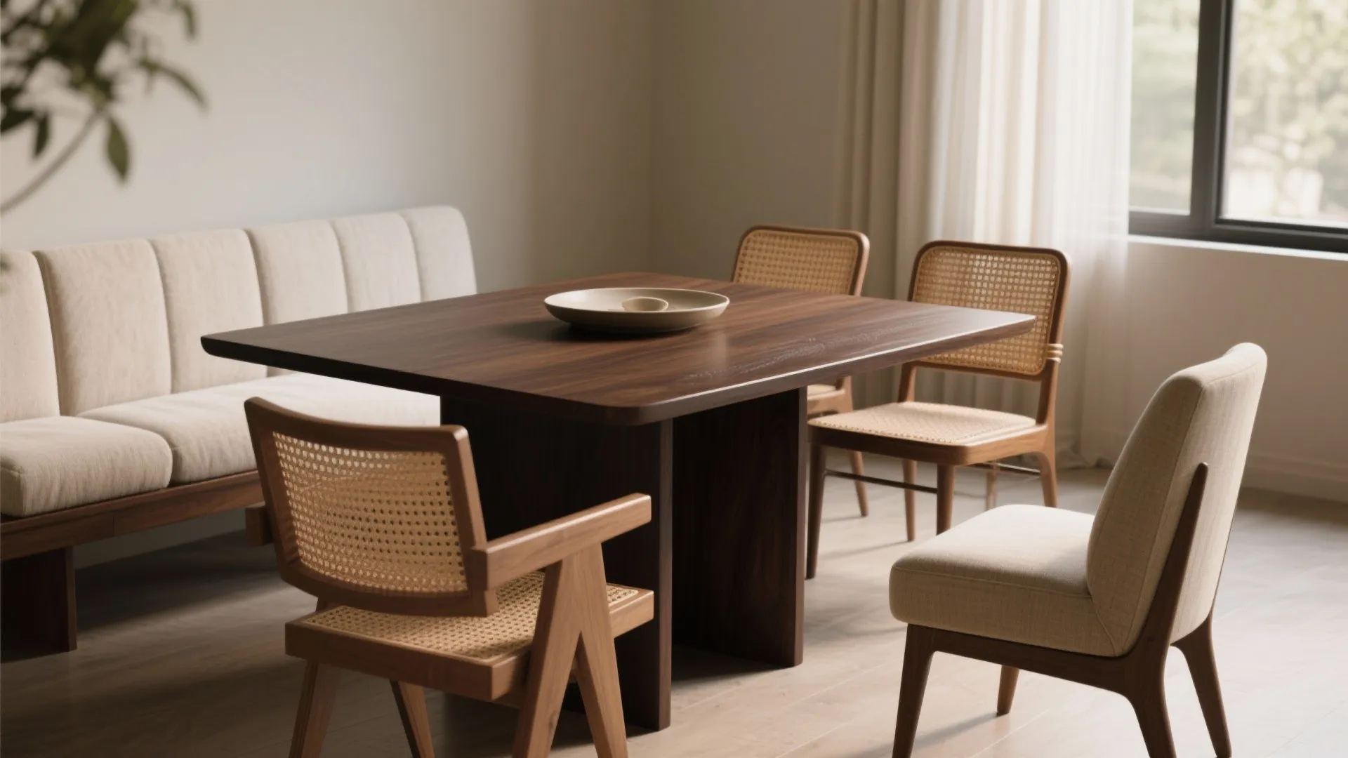 Dining room with wooden table and mixed seating featuring woven chairs and a cream sofa