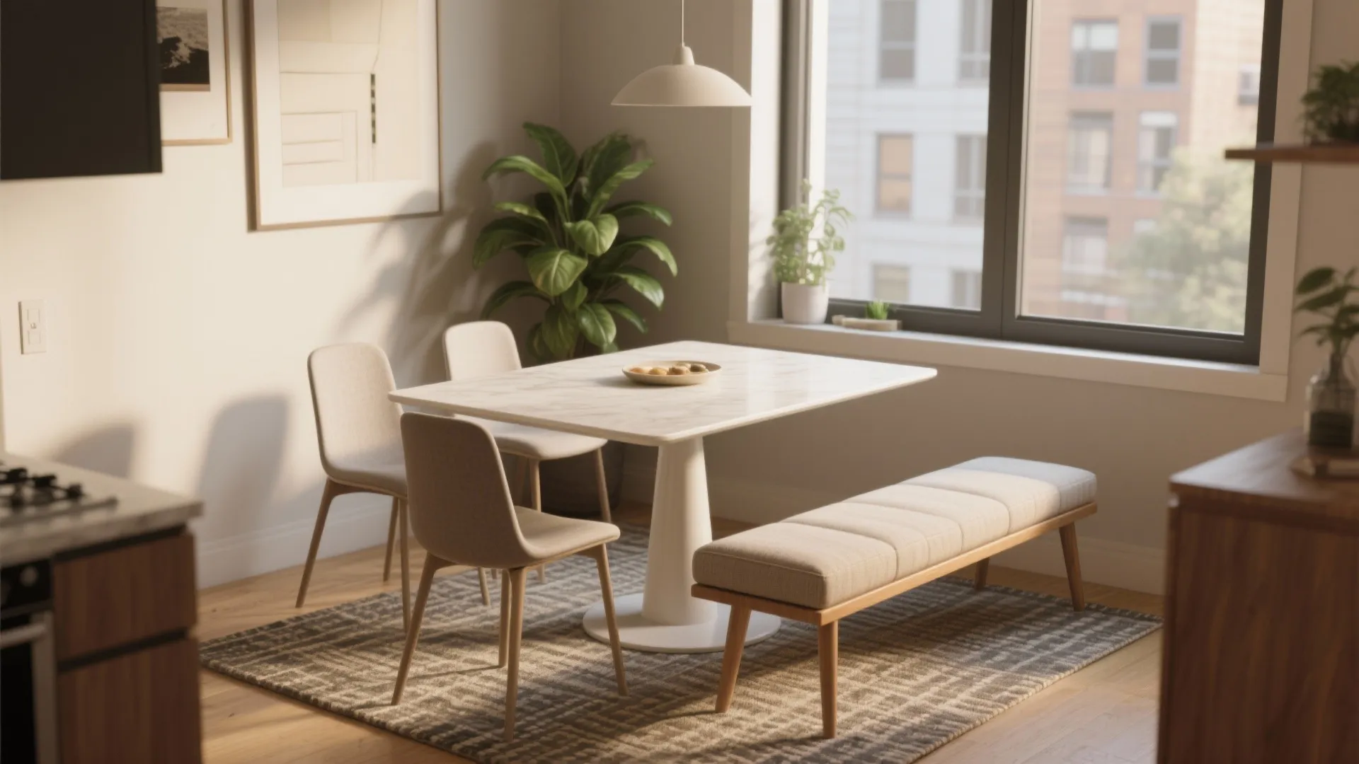 40 x 60 pedestal table with a bench on one side and two chairs on the other in a small condo.