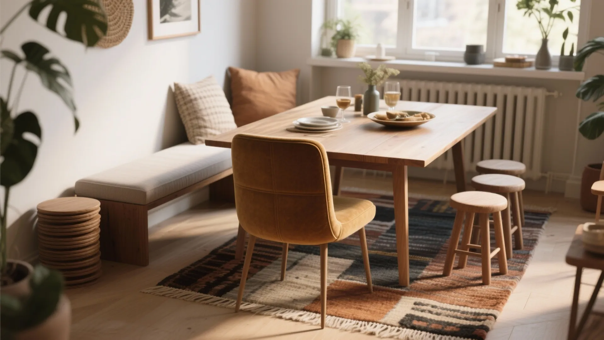 5. Mix Seating: One Chair + A Bench or Stools