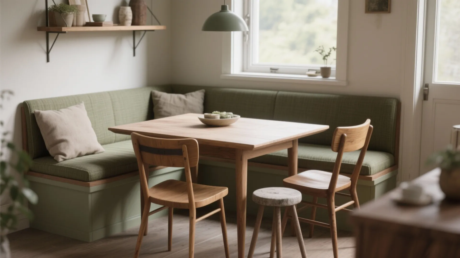 2. Mix seating — bench, chairs, and stools