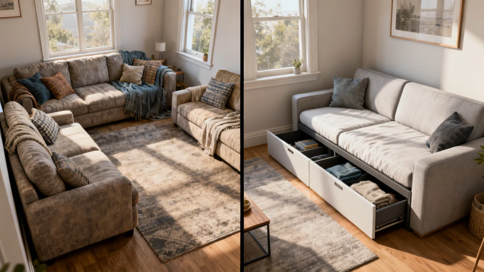 Before-and-after of a small living room showing bulky couches versus a sleek sofa and convertible daybed
