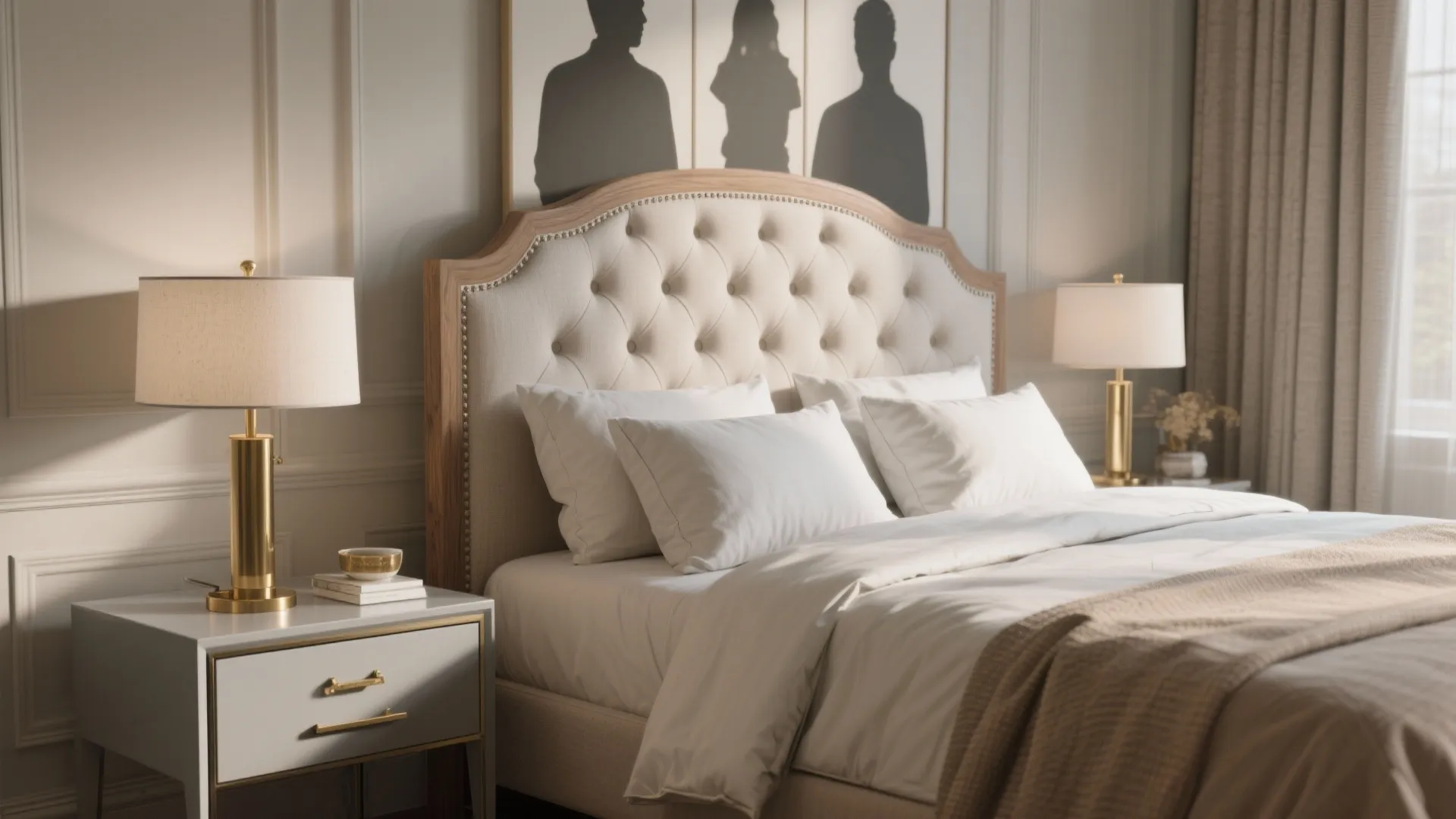 Tufted traditional headboard paired with a streamlined modern nightstand, showing mixed silhouettes and balanced scale.