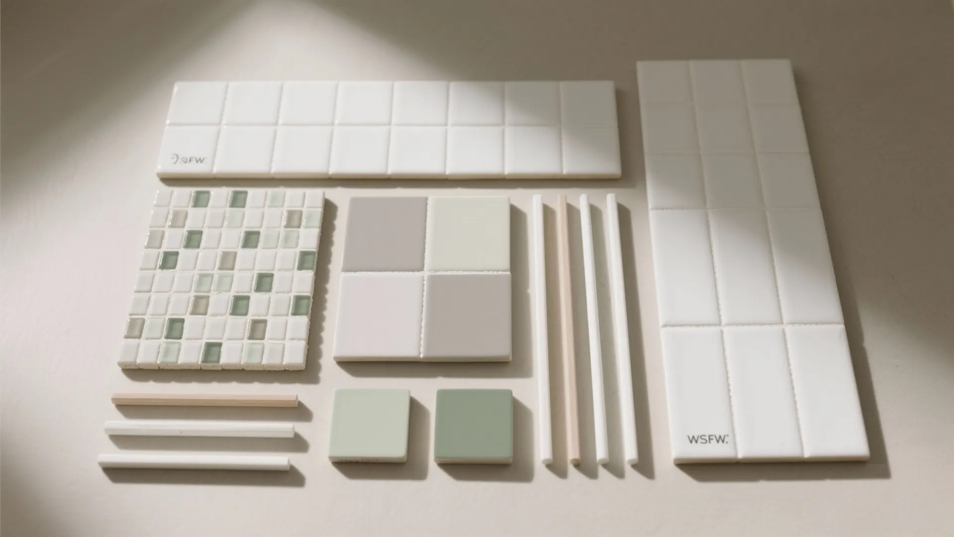 Selection of ceramic wall tiles in various sizes and green and white colors on table