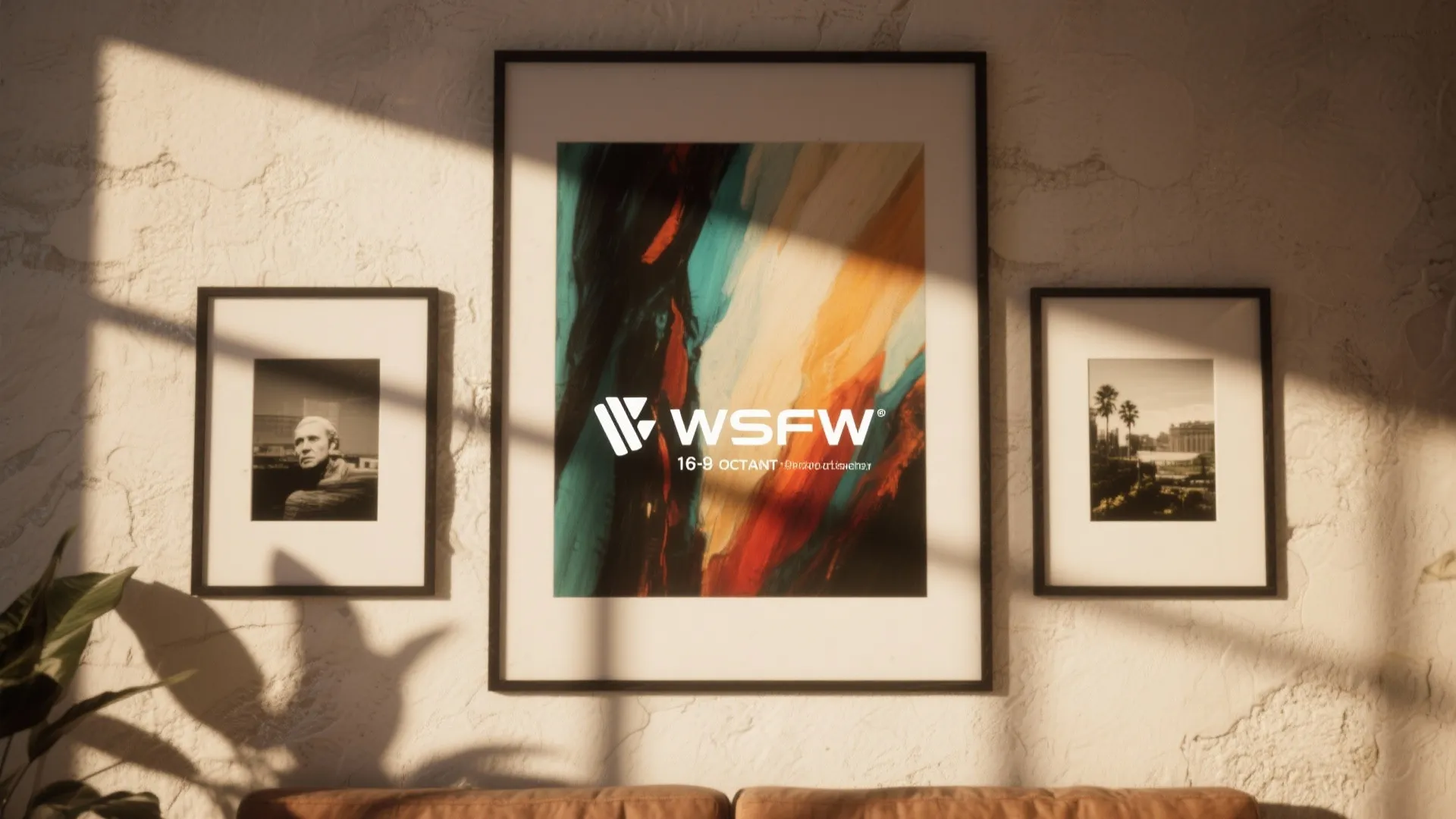 Three black picture frames on white wall with warm sunlight shadows and colorful abstract art