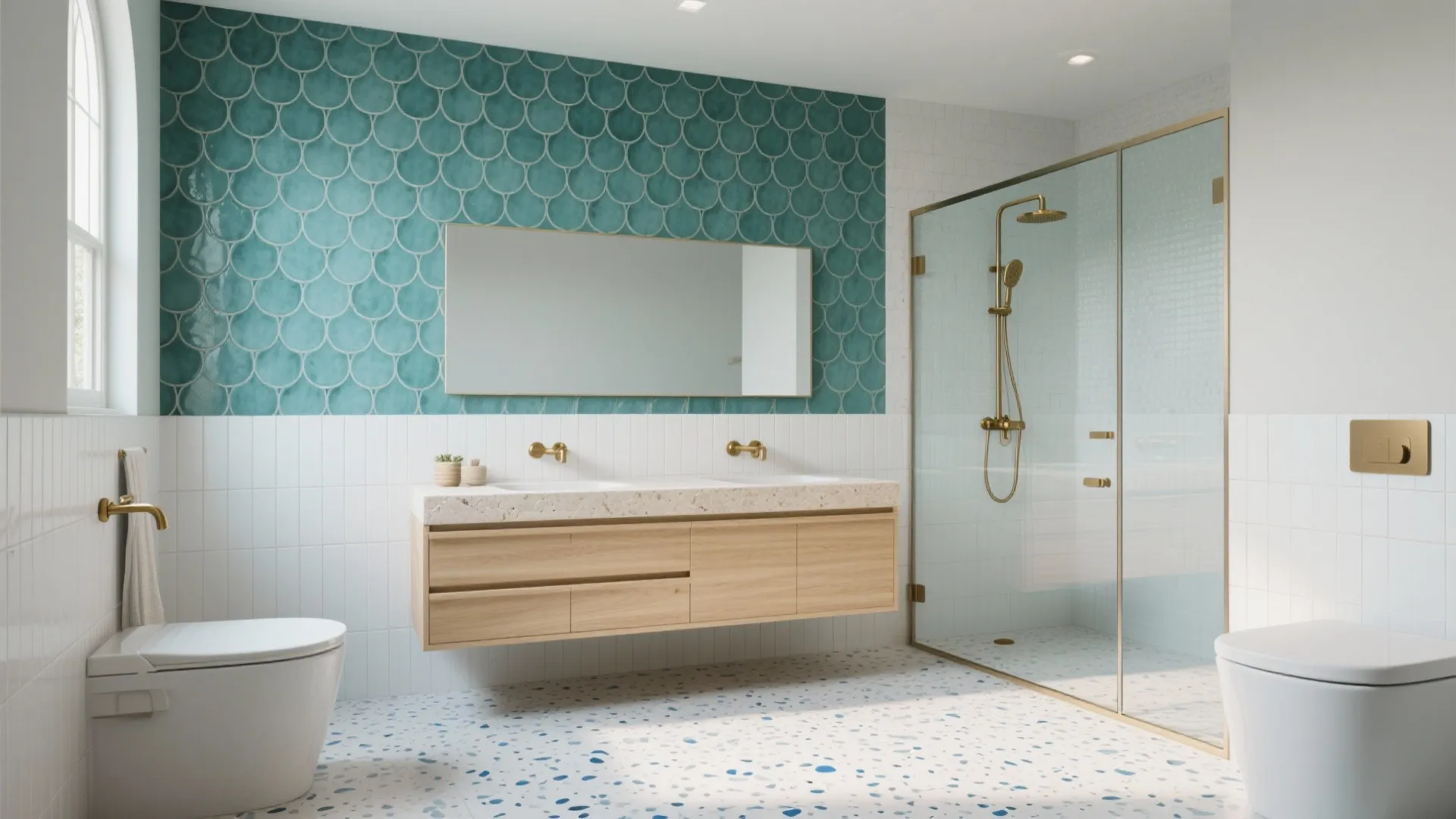 Modern bathroom with blue scale wall tiles wooden cabinet double sinks glass shower and terrazzo floor