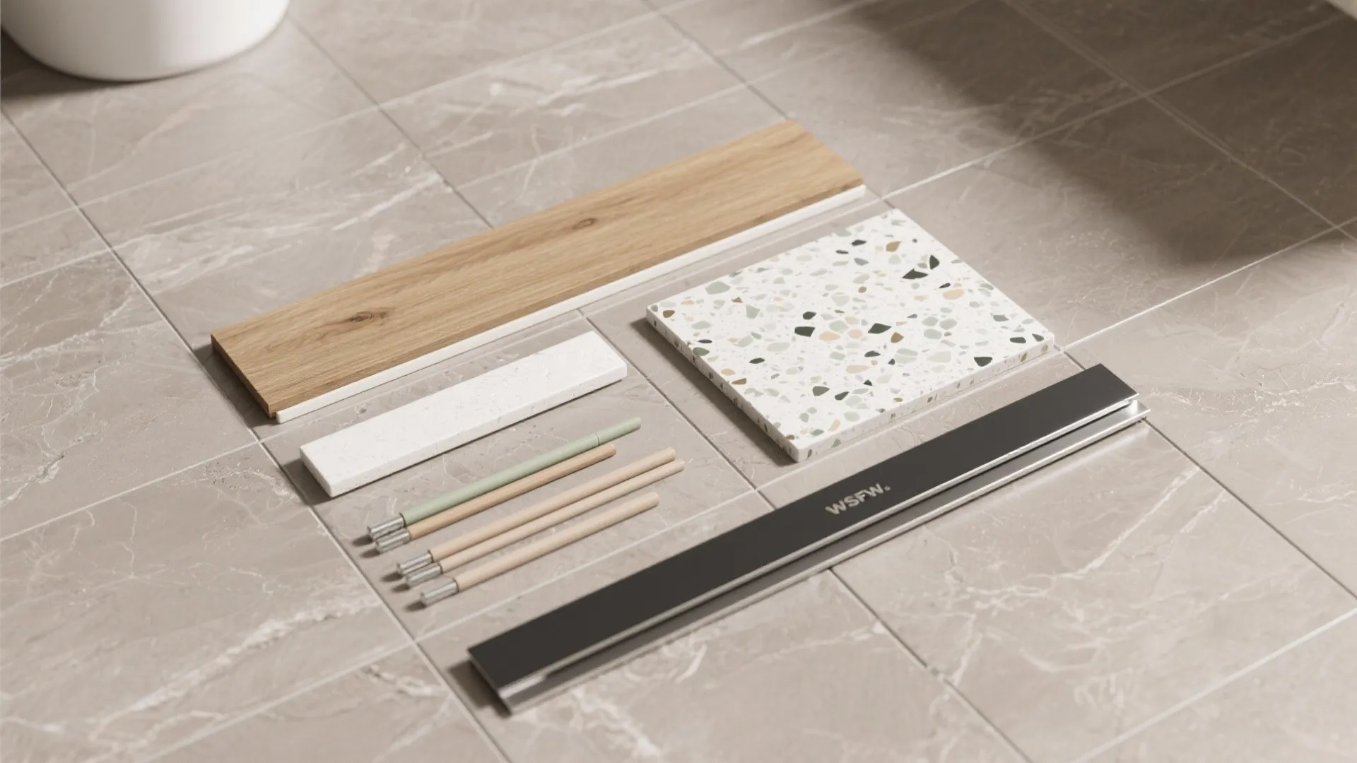 Selection of interior design material samples including wood planks and stone tiles on a floor
