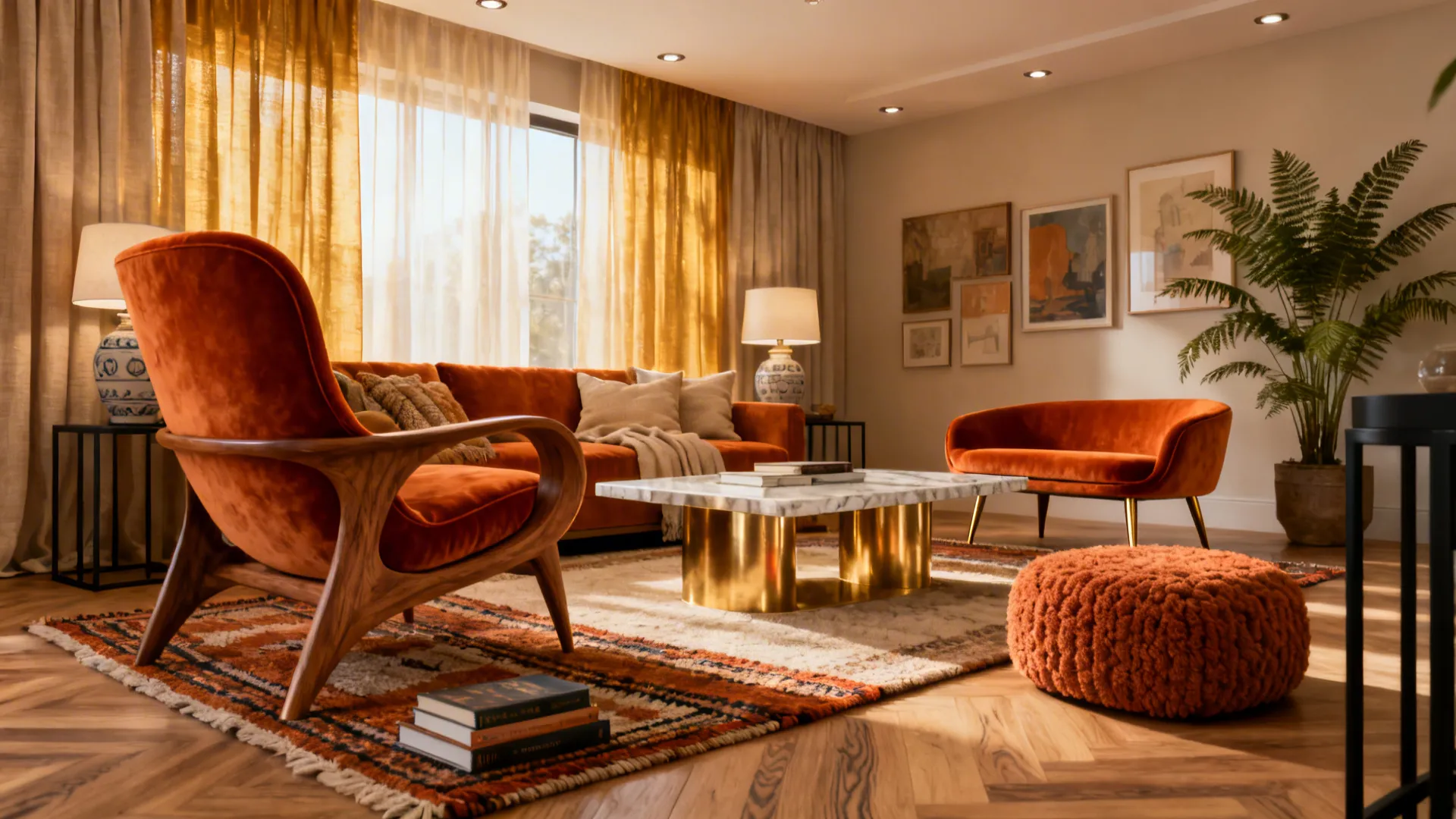 Living area with a mid-century lounge chair paired with a sleek slipper chair, unified color palette