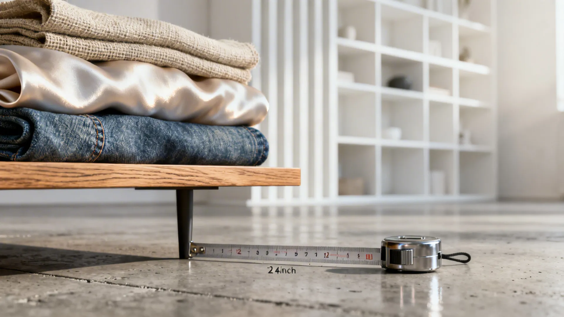 Close-up of mixed textures, slim table edge, and a tape measure showing small placement adjustments.