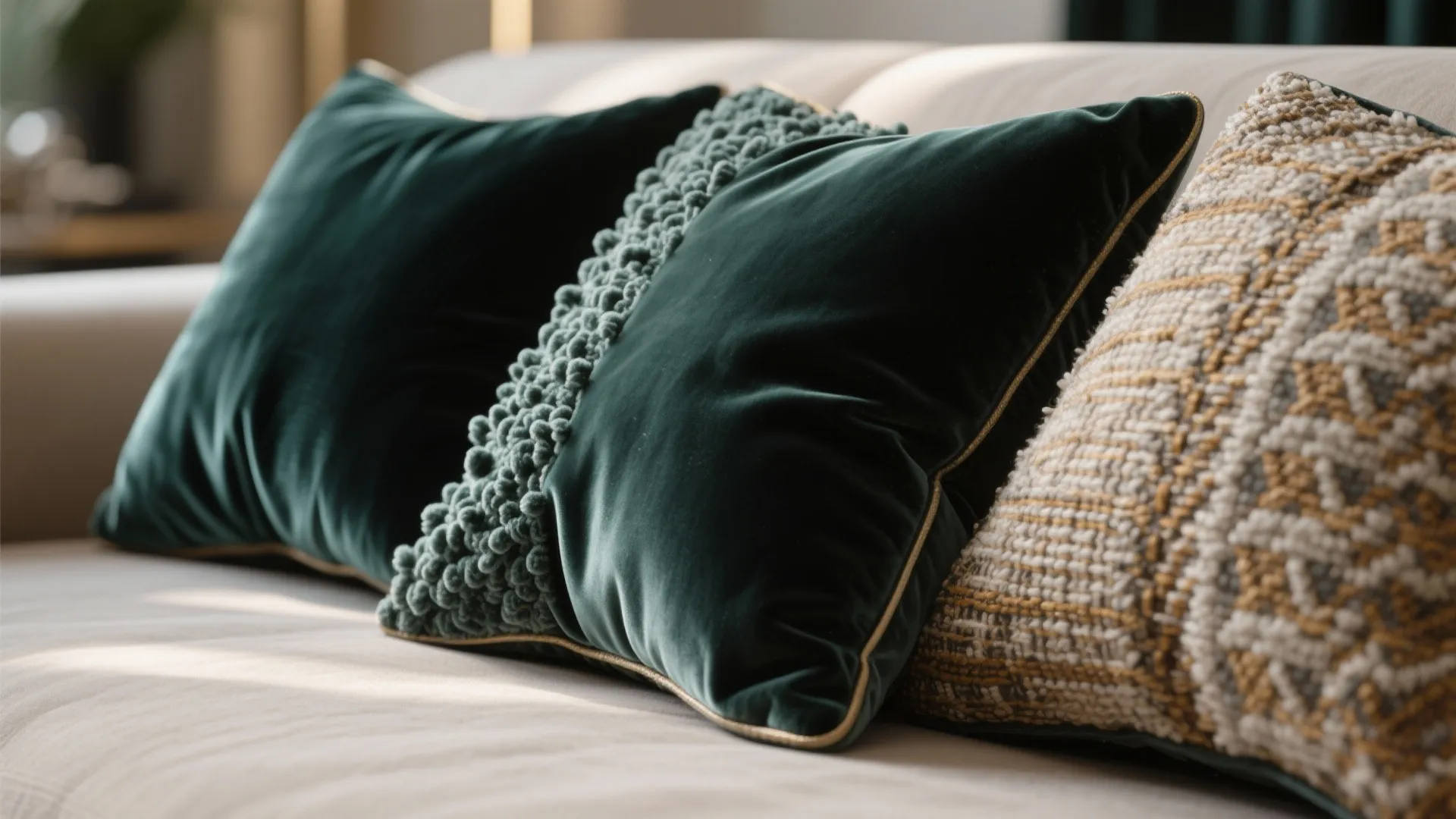 Close-up of dark green velvet pillows and one textured beige pillow on a light sofa