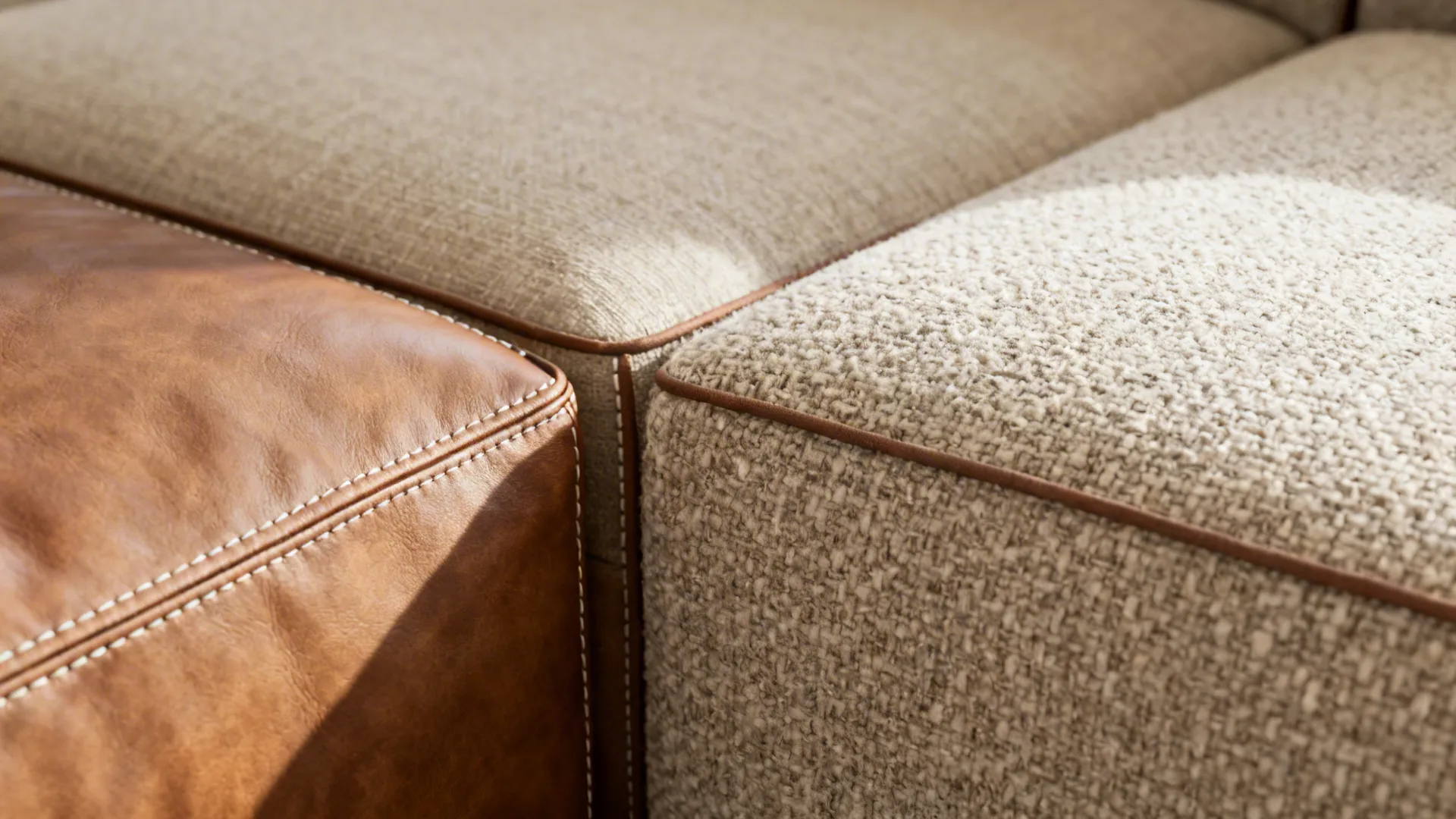 Close-up of leather and boucle upholstery on modular sectional pieces showing texture and seams.