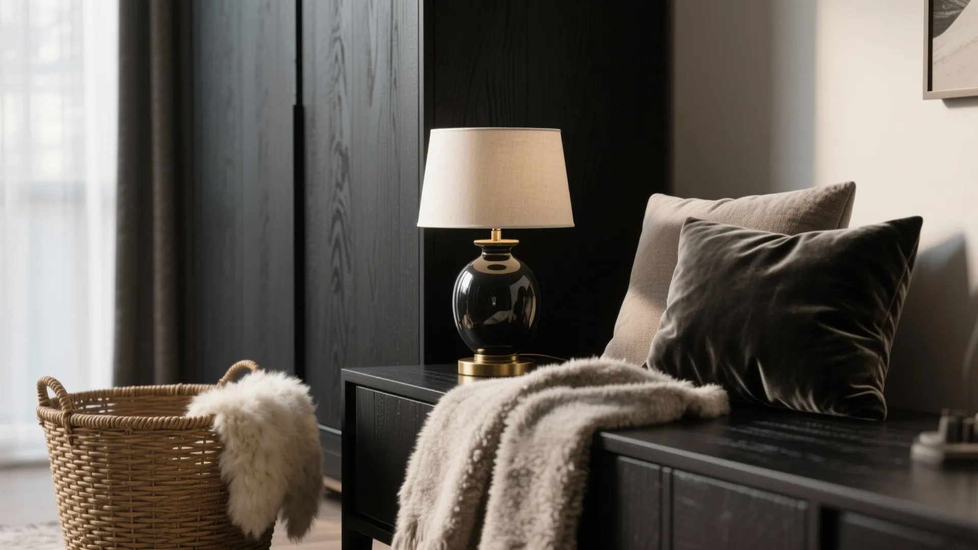 Close up of black cabinet with table lamp velvet pillows woven basket and soft white blanket