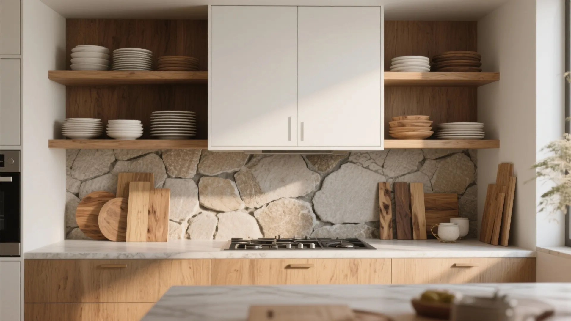 White cupboards with raw wood open shelving and textured stone backsplash for depth