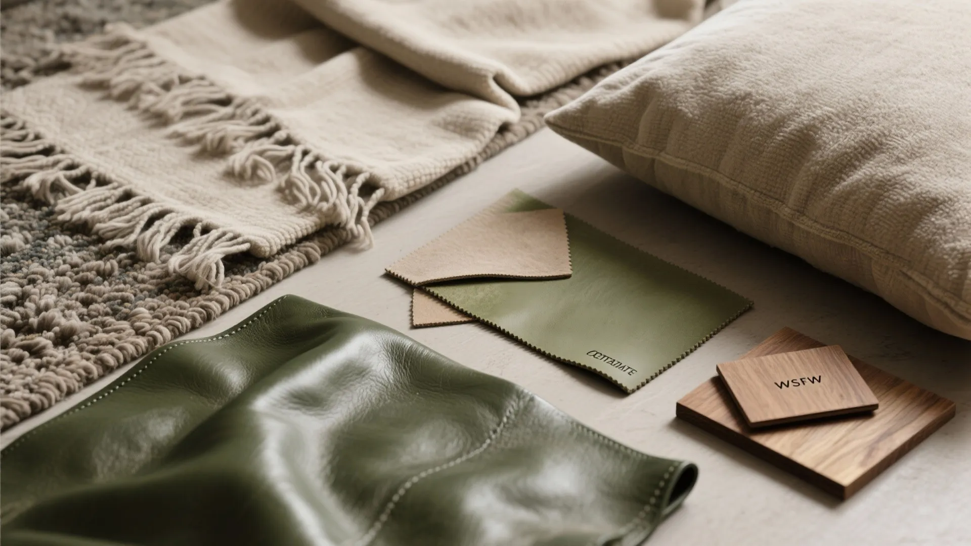 Interior design mood board with green leather fabric samples wood pieces beige blanket and soft pillows