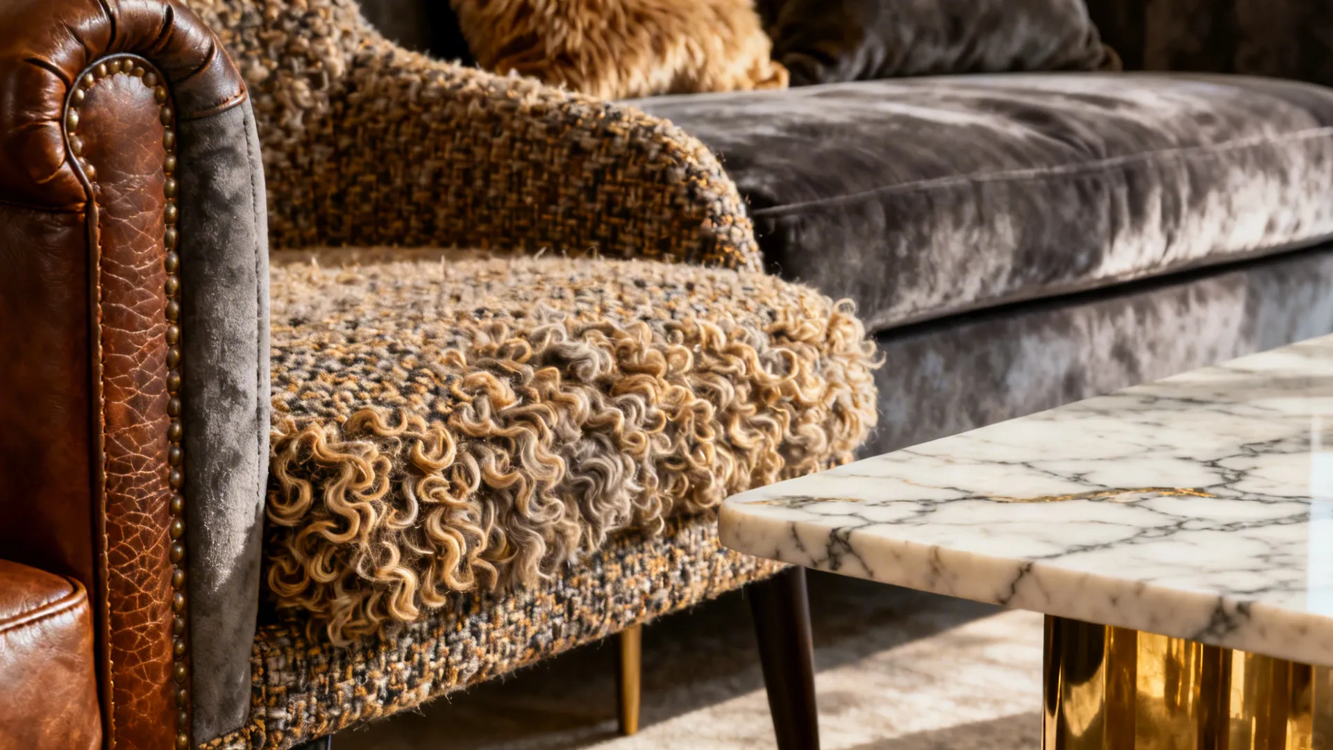 Close-up of mixed upholstery textures—leather, boucle, velvet—and a marble table edge for visual contrast