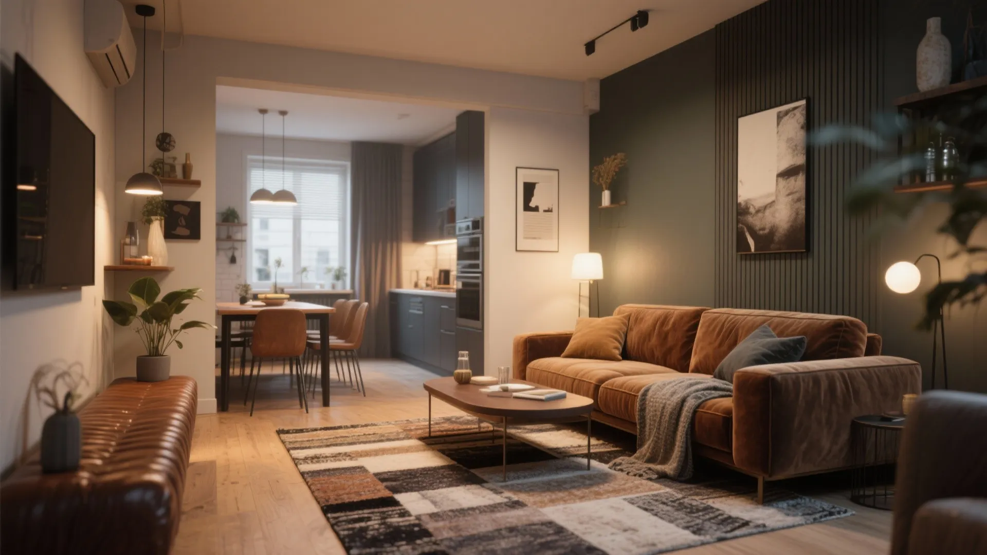 Small open-plan with velvet sofa and leather dining bench for zoning