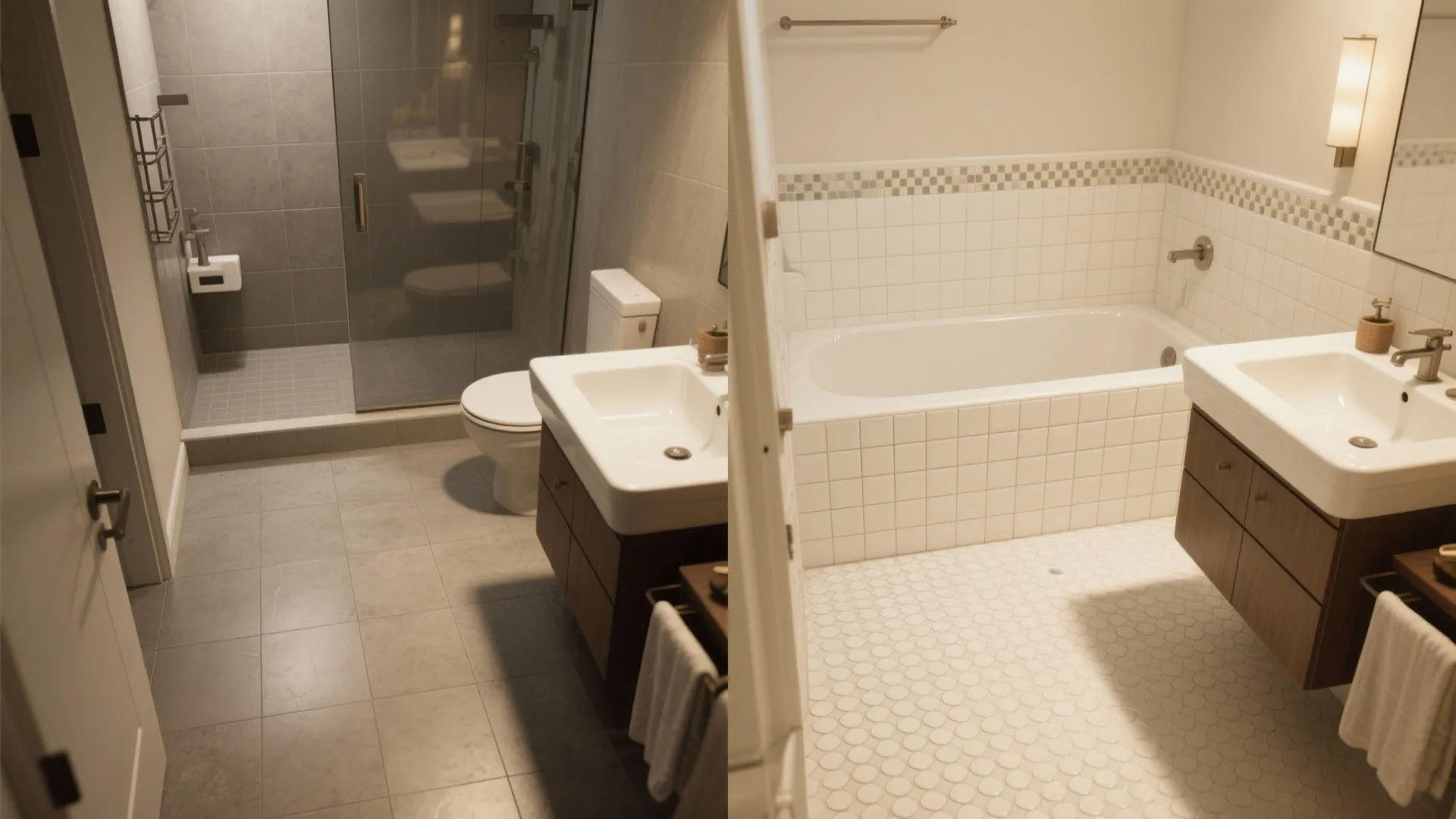 Before and after comparison showing a dark shower room versus a bright bathroom with white bathtub