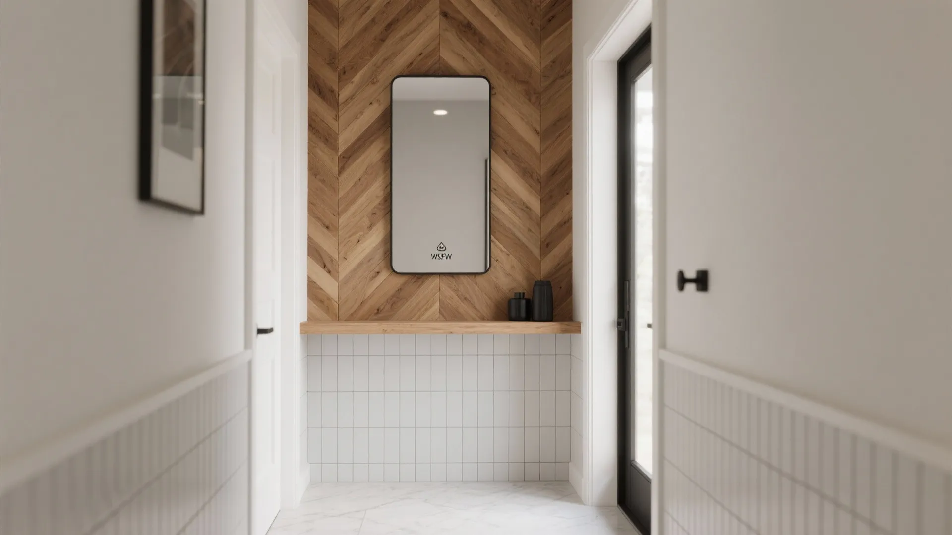 Modern hallway with wood wall panel white tiles large mirror black door and white marble floor
