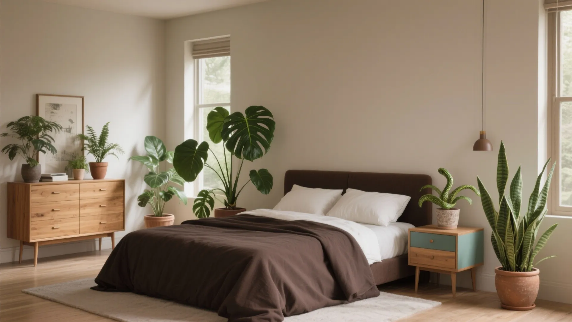 5. Mix wood tones and bring in plants