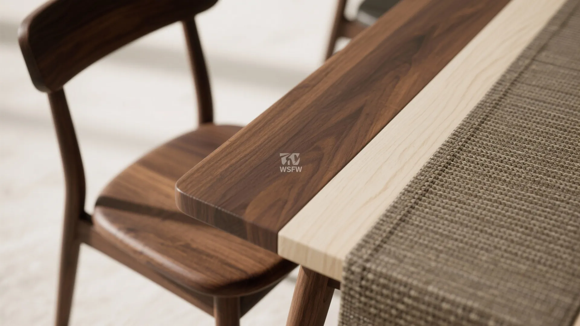 Close-up of darker wooden chair and lighter slim table with a woven runner, showing wood grain.