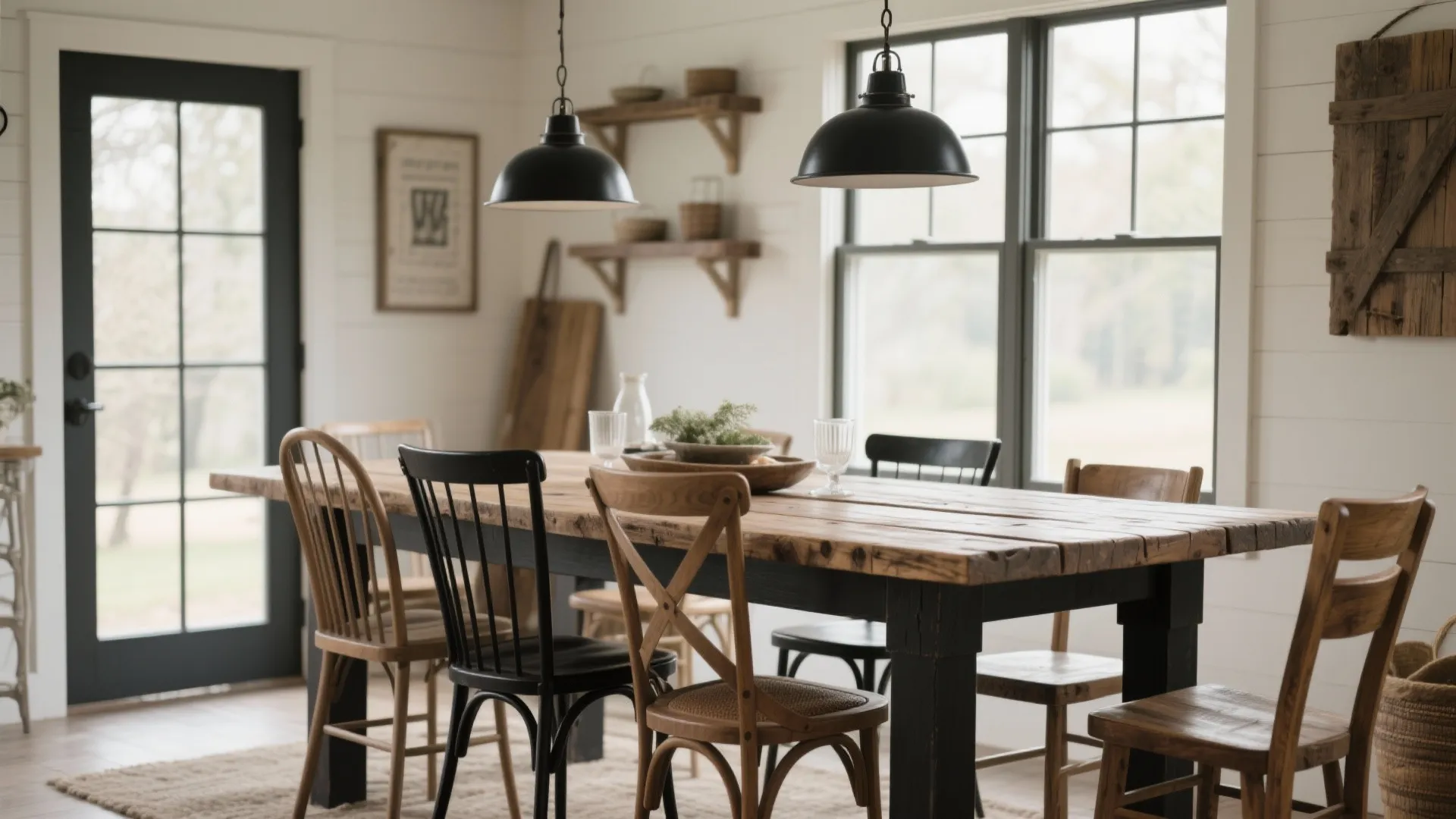 Rustic wooden dining table with mixed wood and black metal chairs under black ceiling lights
