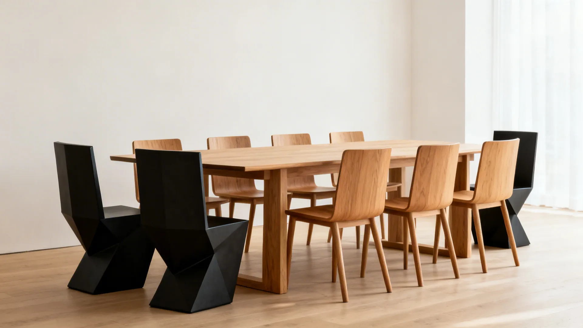 Neutral dining table with two sculptural black head chairs and matching wood side chairs in a cohesive mix.