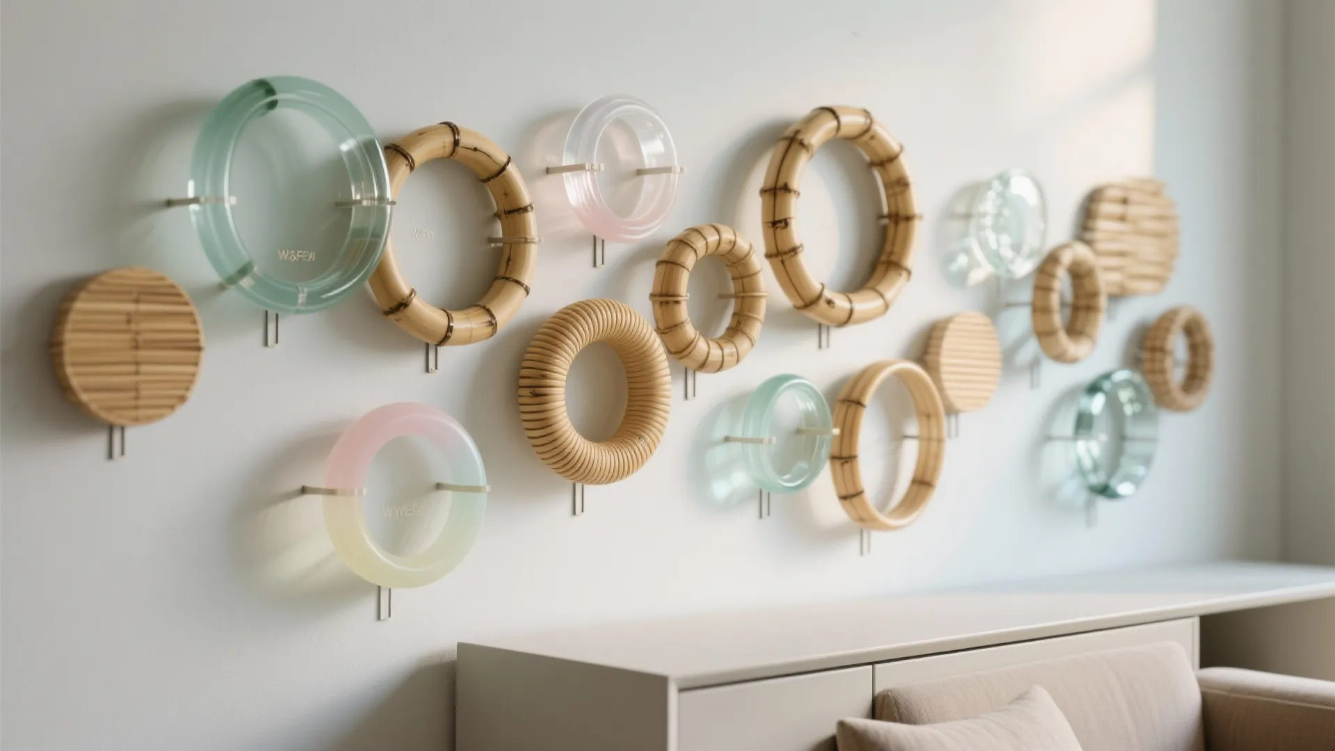 4) Mixed-Material Bangle Wall: Glass, Acrylic, Bamboo