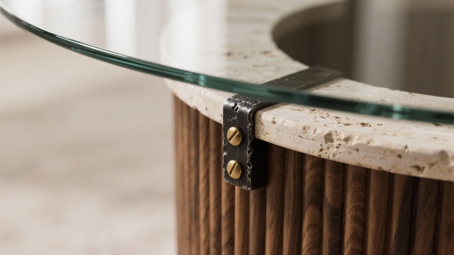 Mixed-material bases: wood, stone, and sculptural metal