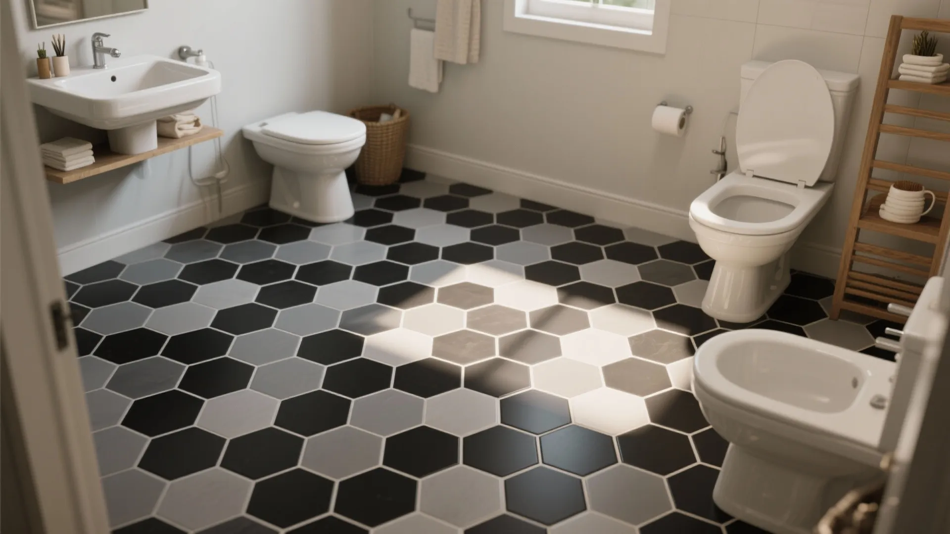 Spacious bathroom showing mixed black and grey hexagon floor tiles with white toilets and sink
