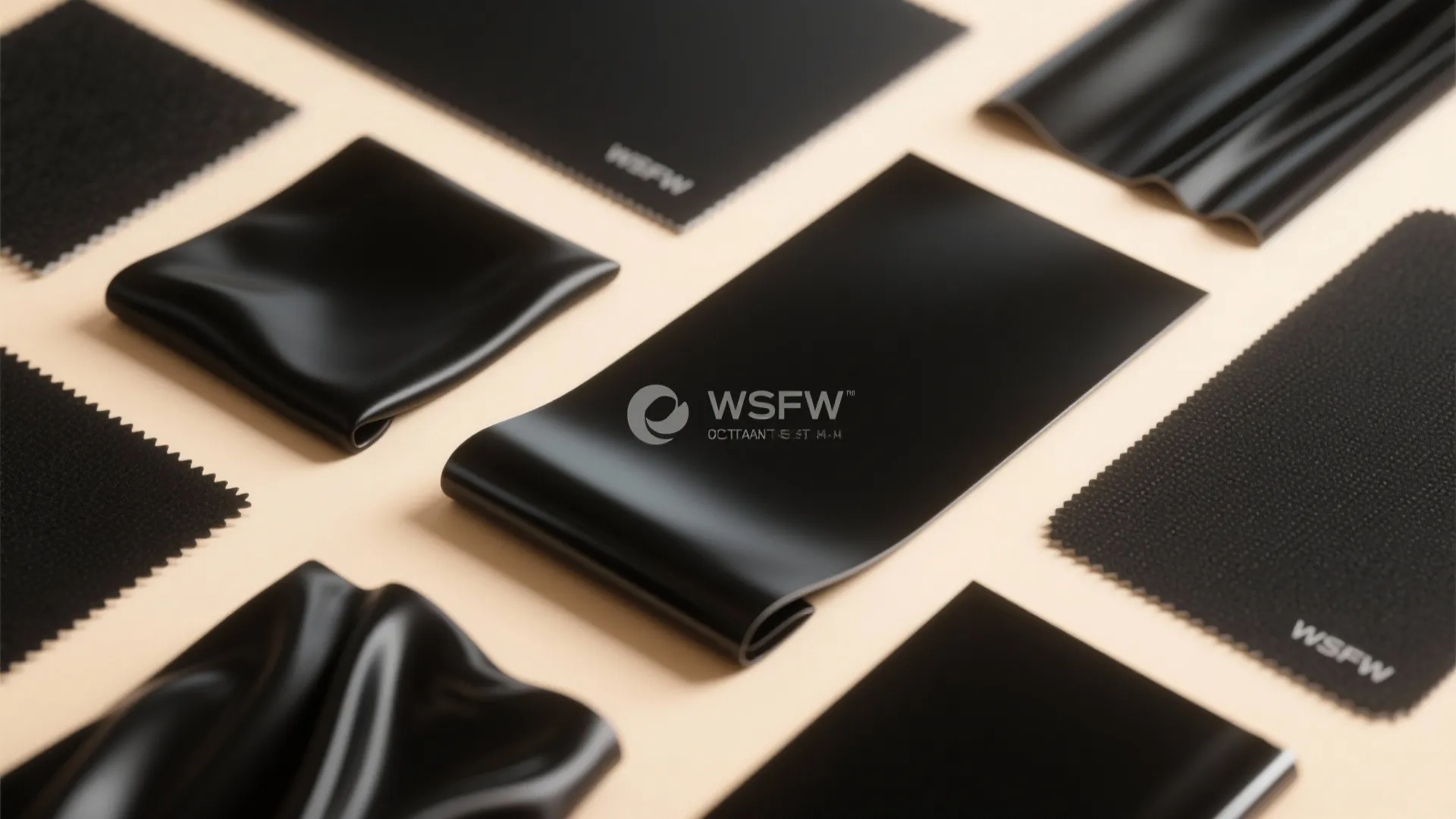 Collection of various black material samples including leather and fabric for interior design furniture projects