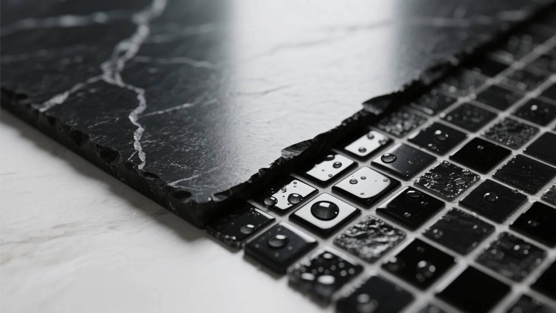 5. Mix textures: honed black stone and glossy accent tile