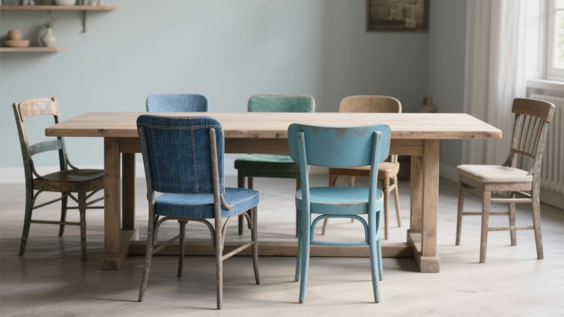 Long wooden dining table with various blue and green chairs in a rustic bright room