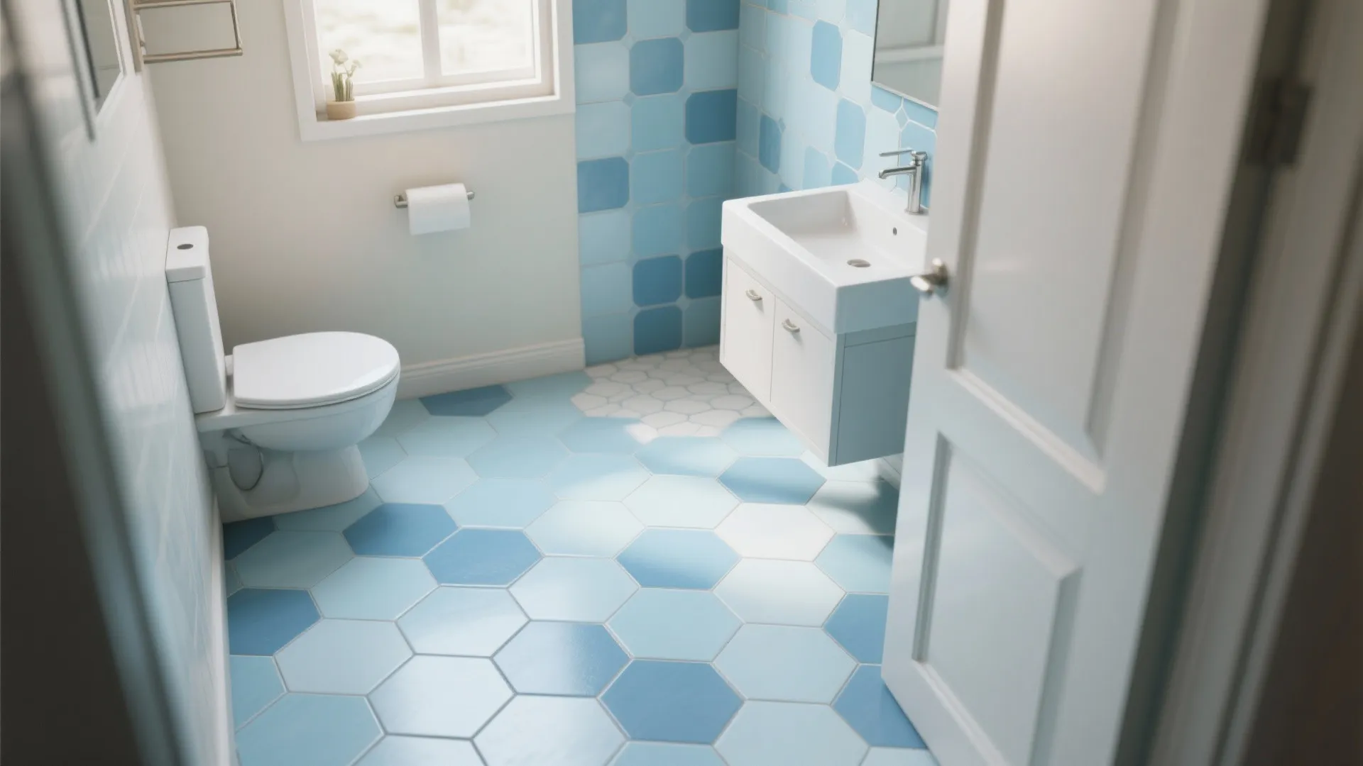 3. Patterned Hexagon Floor in Mixed Blues