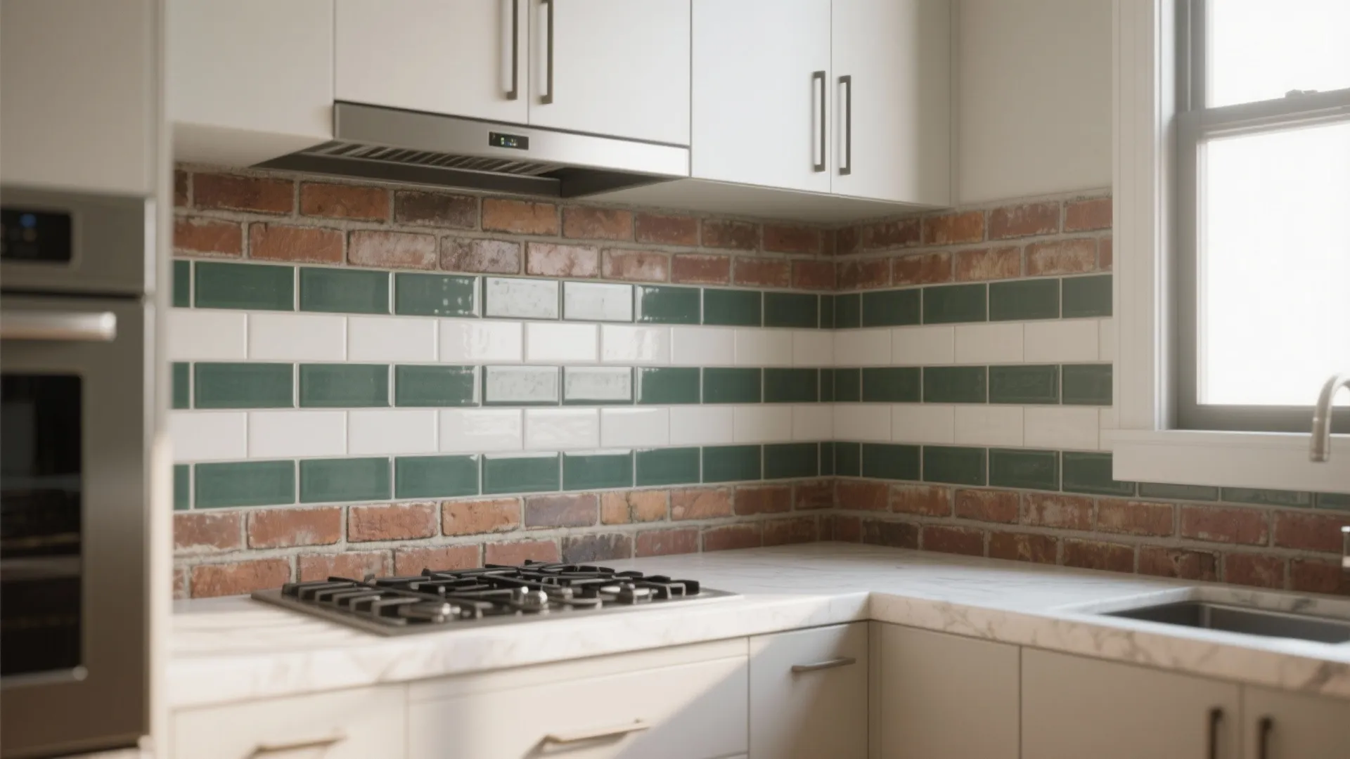 Modern kitchen with brick and green tile backsplash white cabinets marble countertop and gas stove