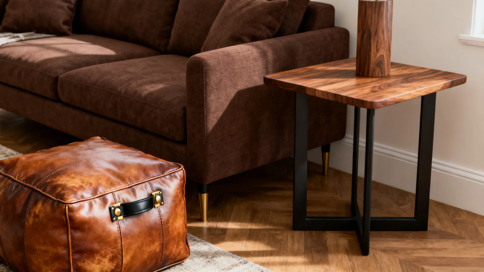 Interior vignette with chocolate sofa, walnut table and cognac pouf with metal accents