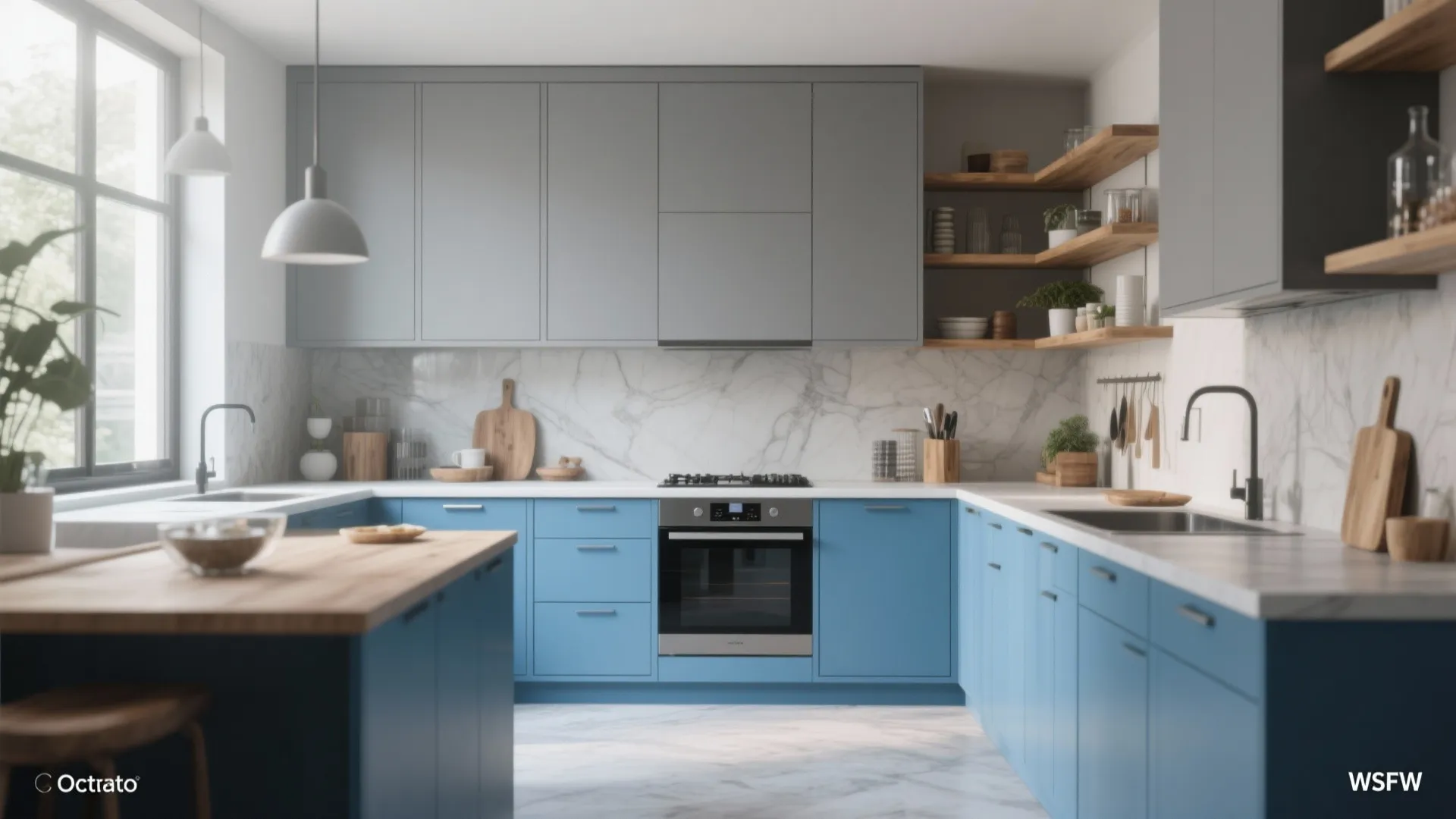 Modern kitchen with blue lower cabinets grey upper cabinets marble wall and wooden corner shelves