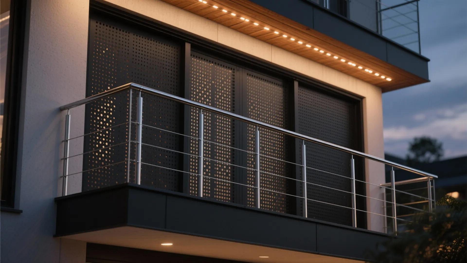 Modern balcony design with metal cable railing and warm ceiling light under a wooden roof