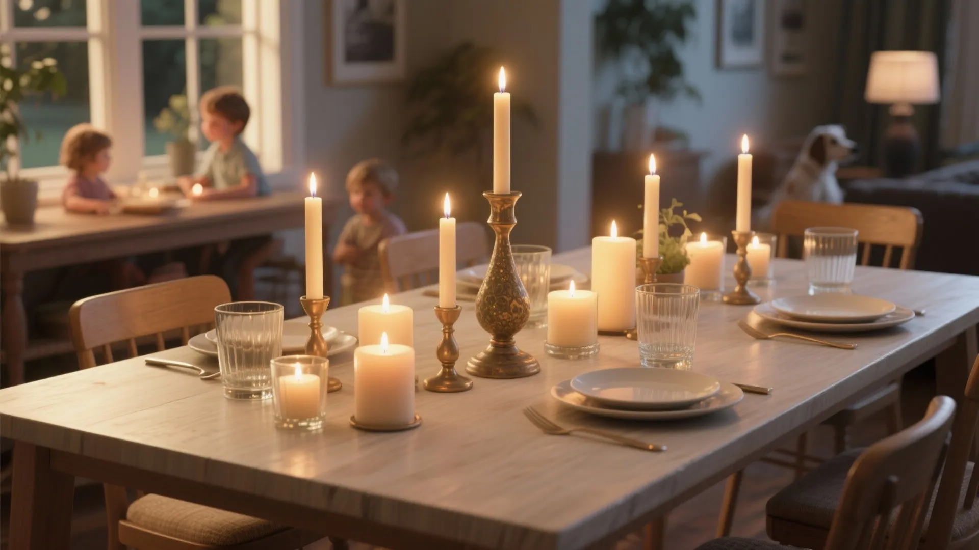 Rectangular table with mixed-height tapered candles, votives and an off-center taller piece, warm and safe styling.