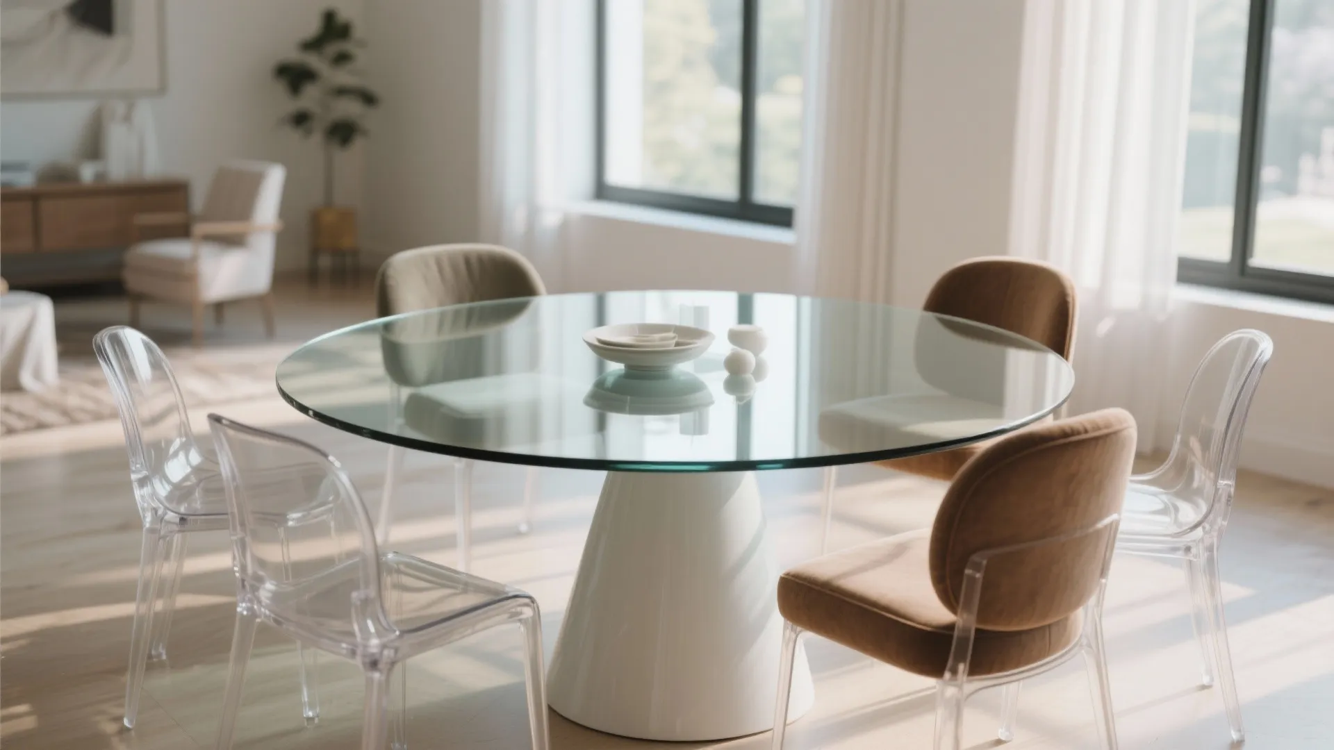 Modern round glass dining table with brown fabric chairs and clear plastic chairs in room