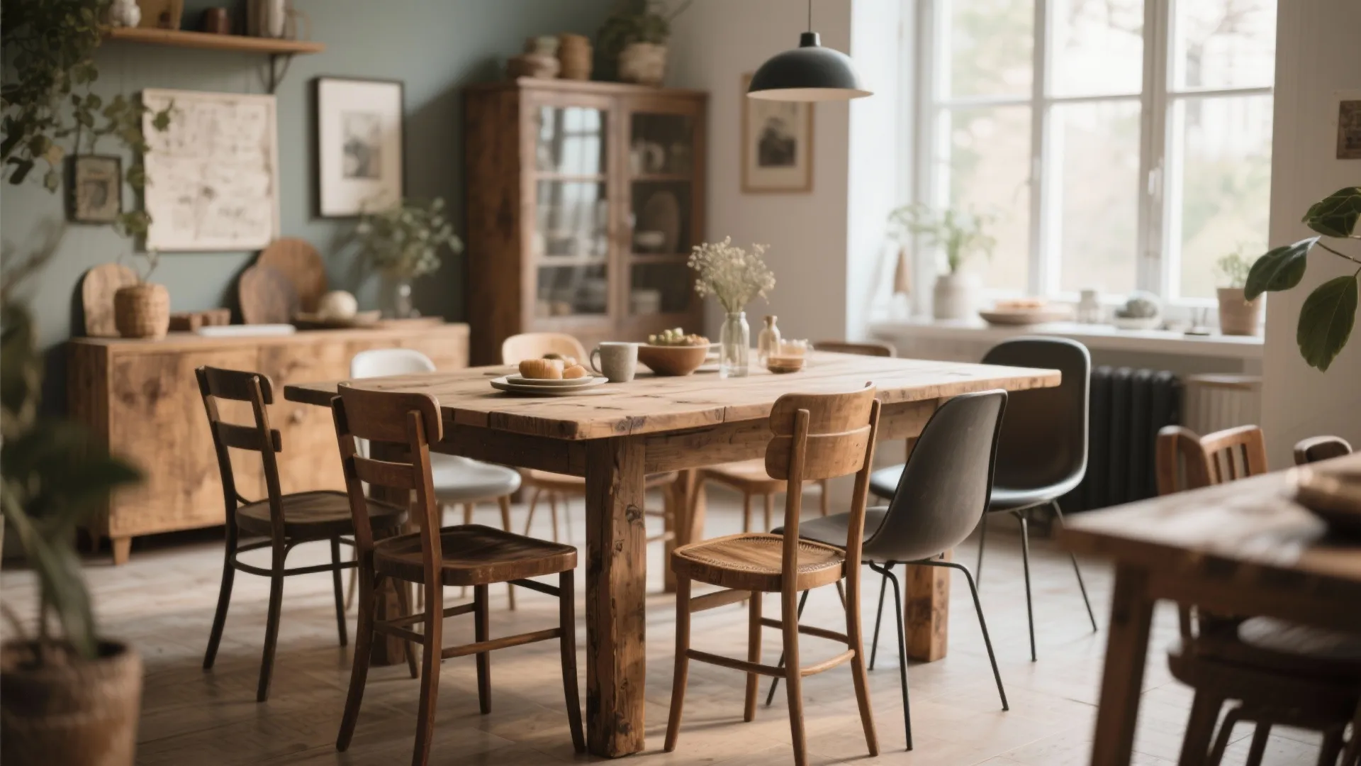 Rustic wooden dining table with various wooden and black chairs in a warm sunlit room