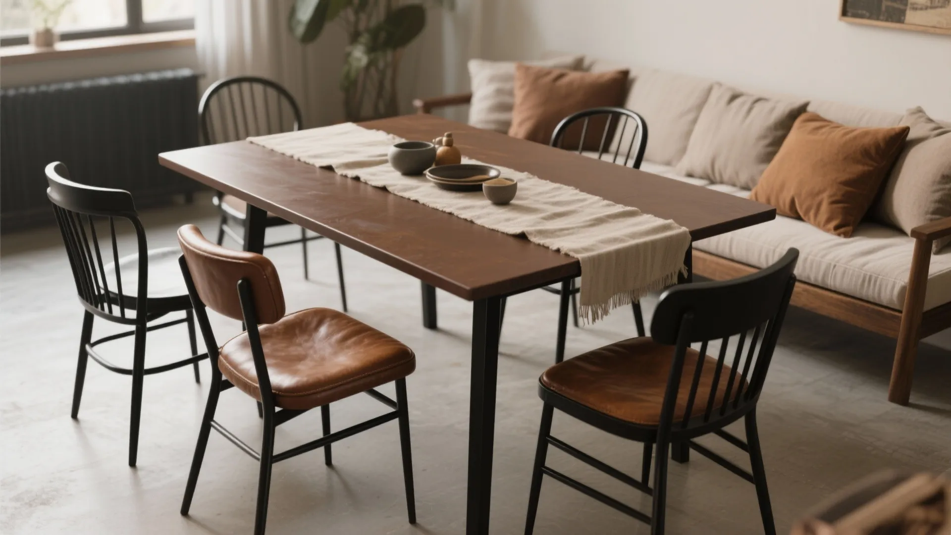 5. Mix-matched chairs: black metal + brown leather
