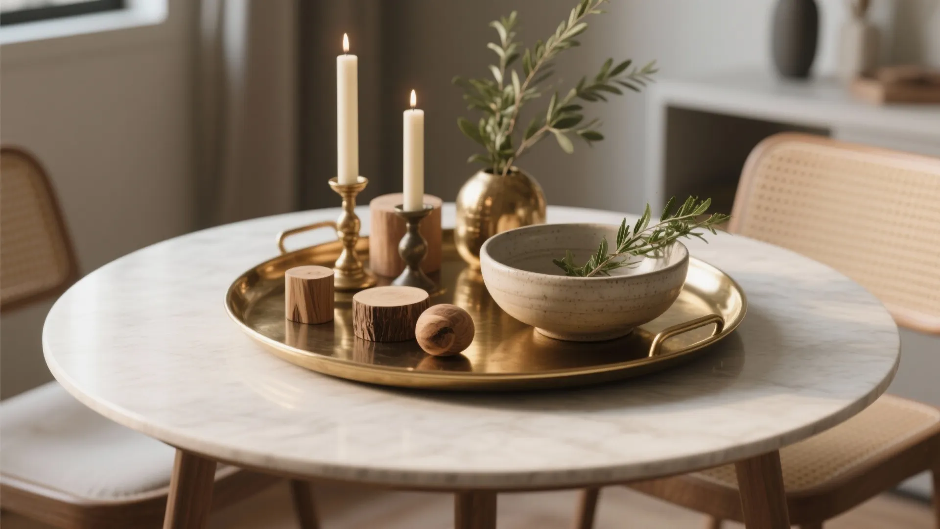 Round marble table with a gold tray holding candles a bowl and small wooden decorations